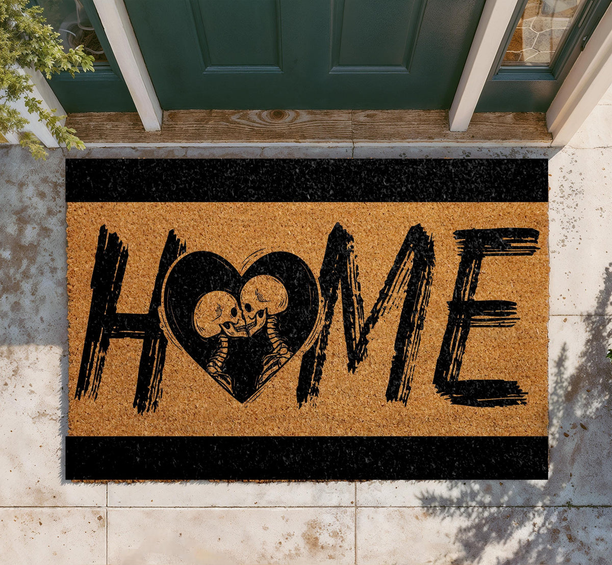 Skeleton Love Heart Coir Doormat, Gothic Romantic Welcome Mat