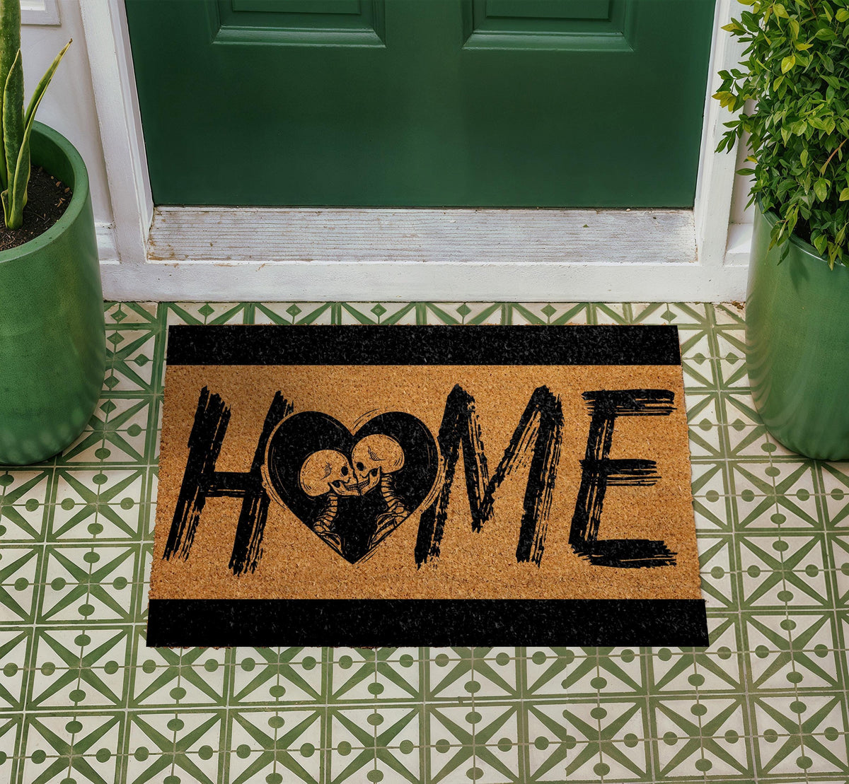 Skeleton Love Heart Coir Doormat, Gothic Romantic Welcome Mat