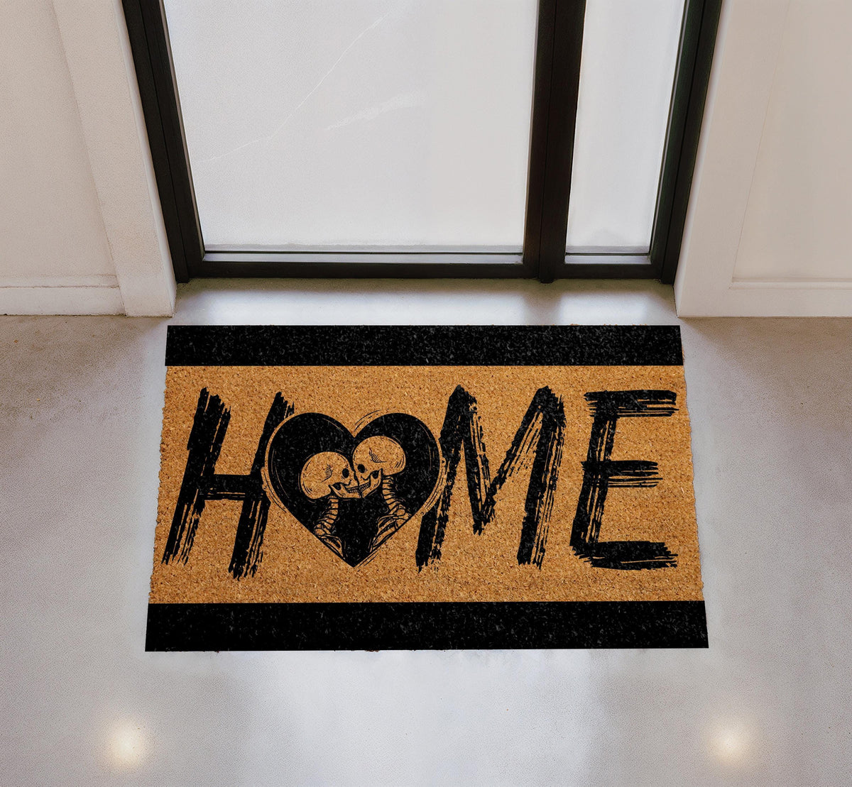 Skeleton Love Heart Coir Doormat, Gothic Romantic Welcome Mat