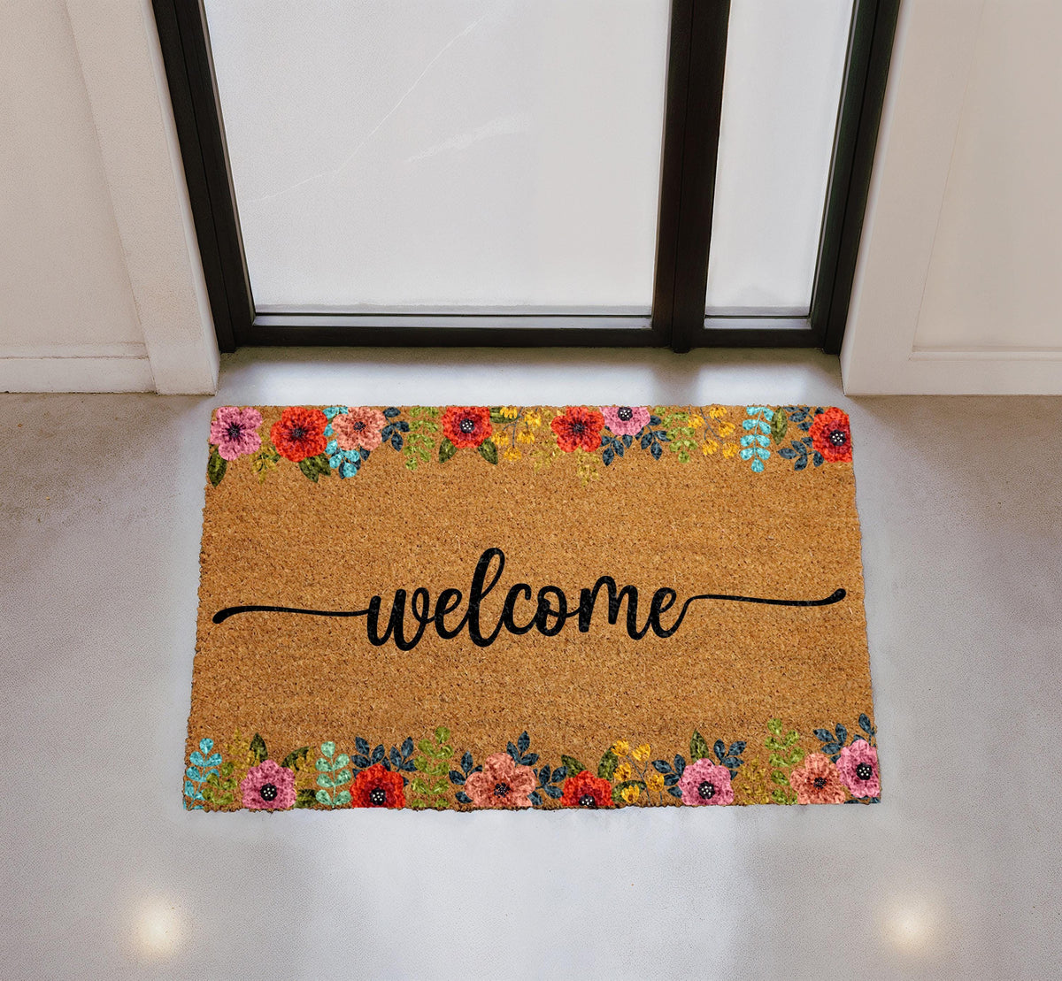 Personalized Floral Coir Doormat, Boho Welcome Mat, Outdoor Entryway Rug