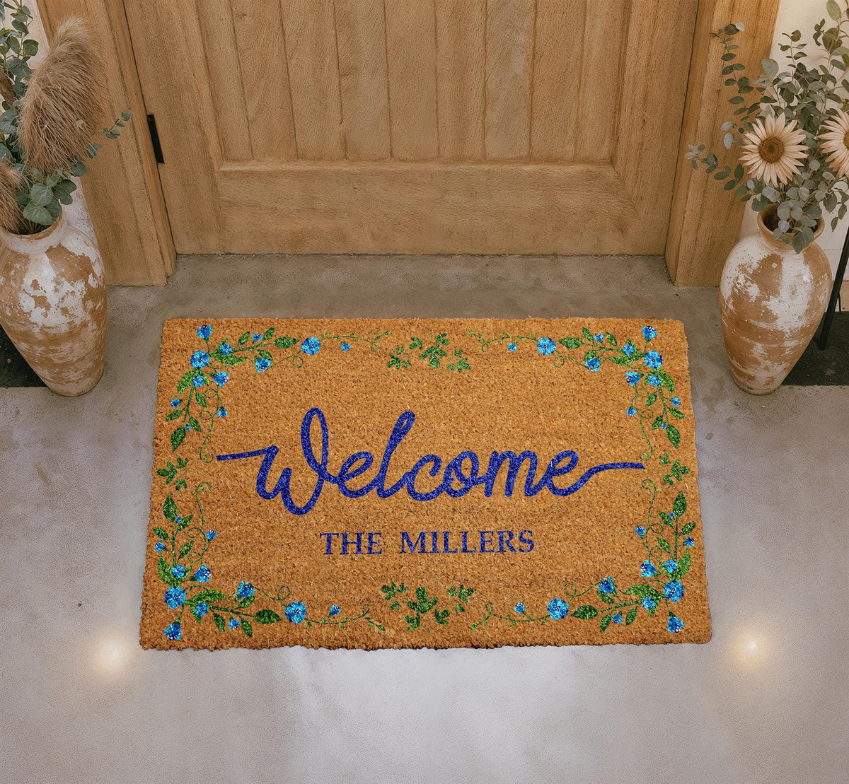 Personalized Floral Coir Door Mat, Custom Family Name Welcome Mat, Elegant Porch Decor