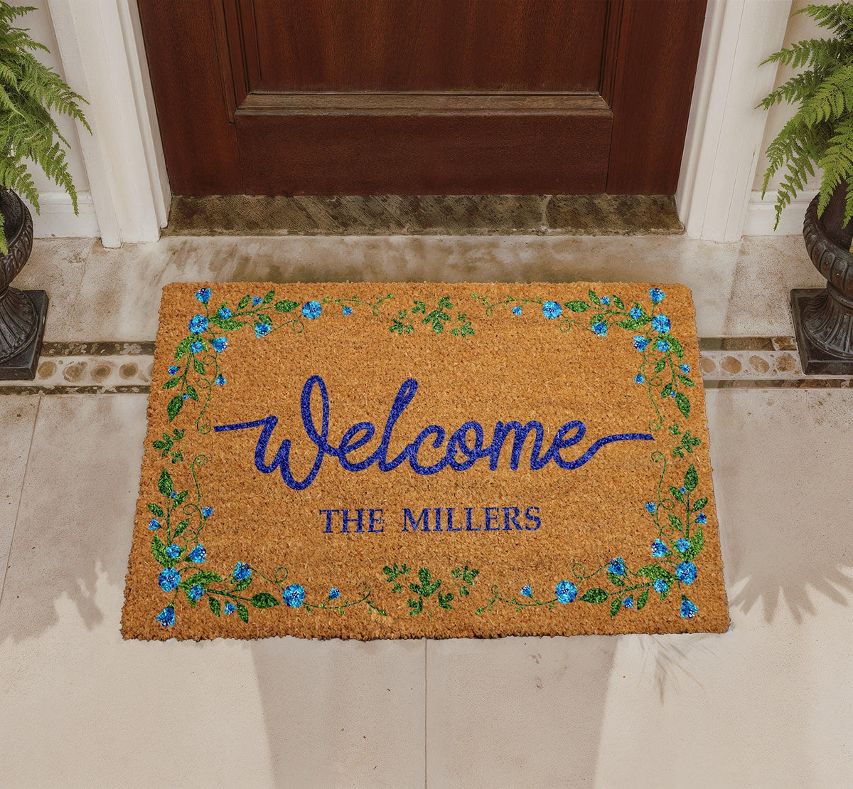 Personalized Floral Coir Door Mat, Custom Family Name Welcome Mat, Elegant Porch Decor