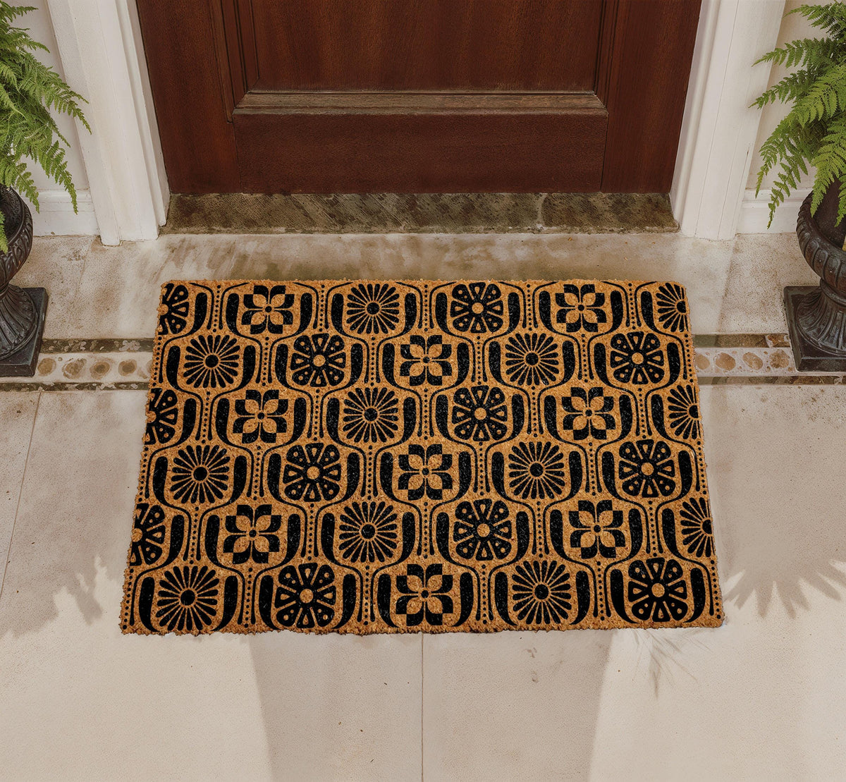 Personalized Coir Doormat, Floral Welcome Mat, Mid-Century Modern Entry Rug