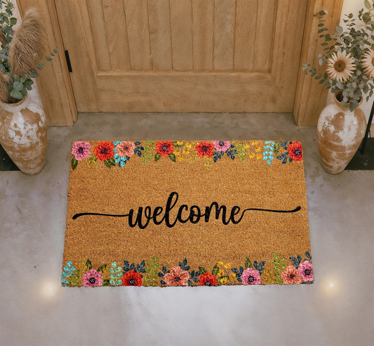 Personalized Floral Coir Doormat, Boho Welcome Mat, Outdoor Entryway Rug