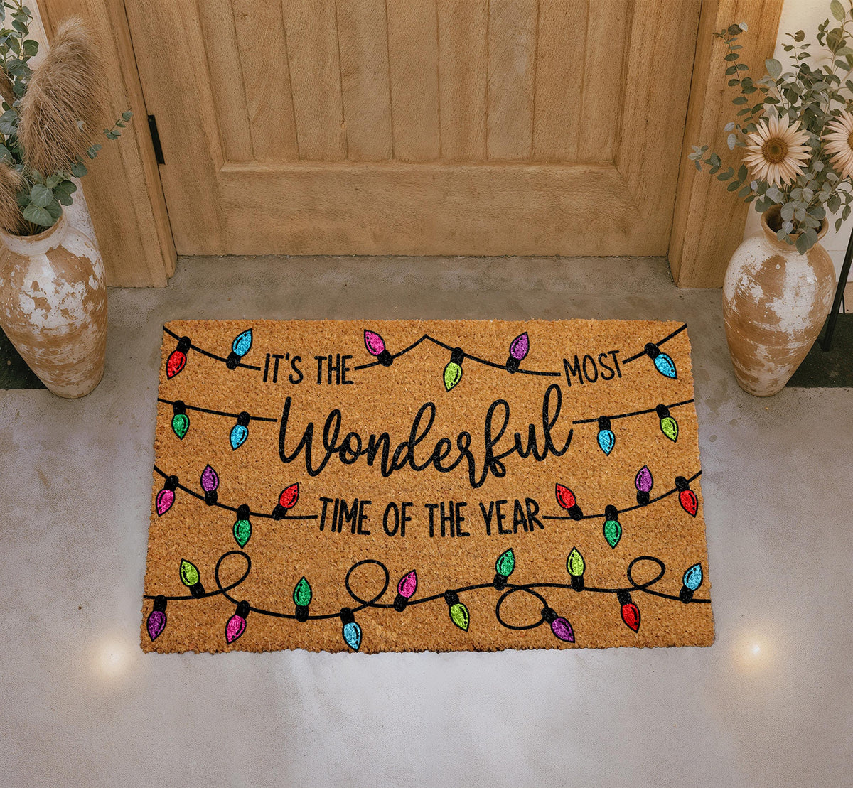Personalized Coir Doormat, Christmas Lights Welcome Mat, Holiday Entryway Rugs