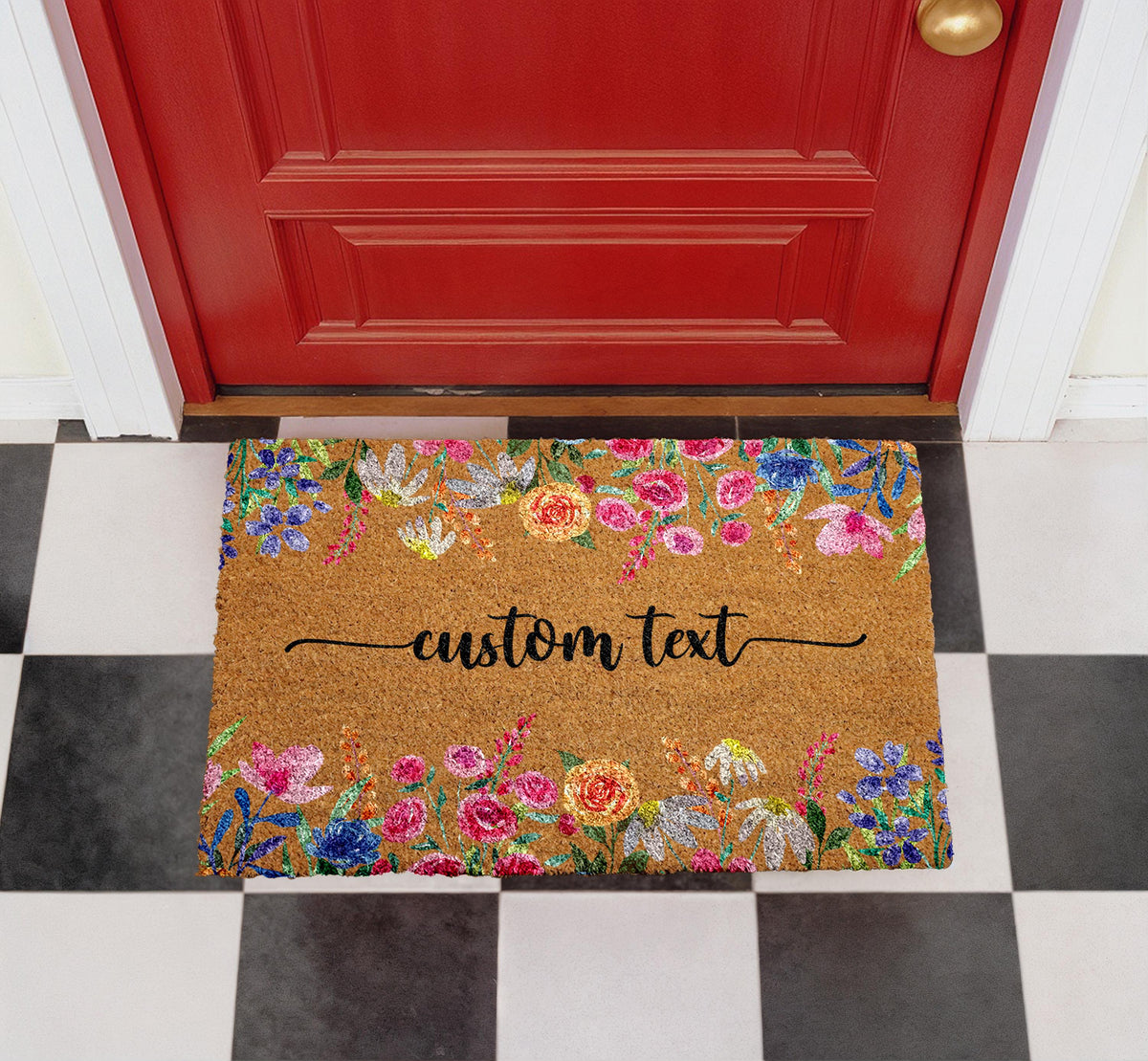Custom Floral Coir Doormat, Personalized Welcome Mat, Boho Entryway Decor