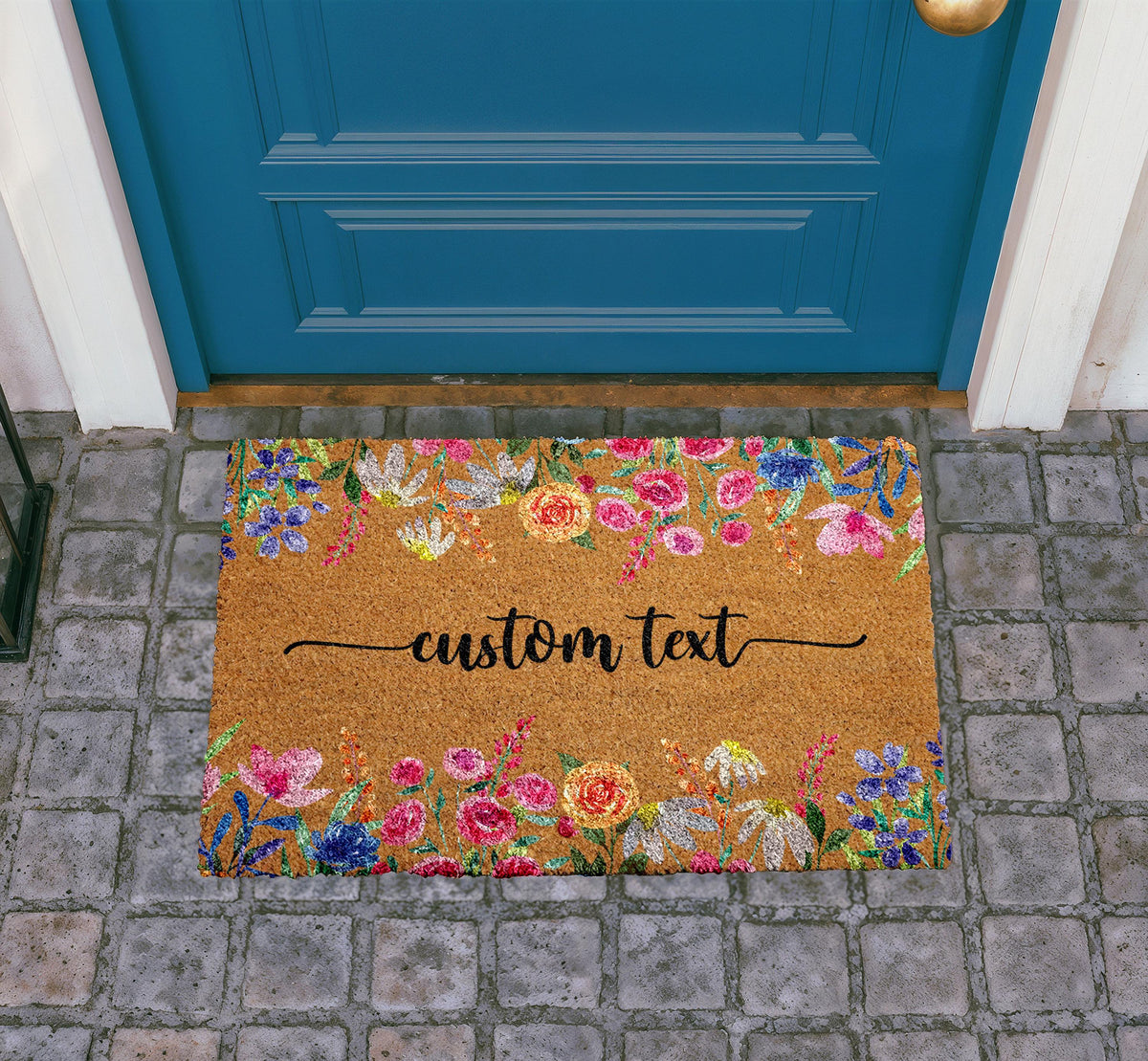 Custom Floral Coir Doormat, Personalized Welcome Mat, Boho Entryway Decor