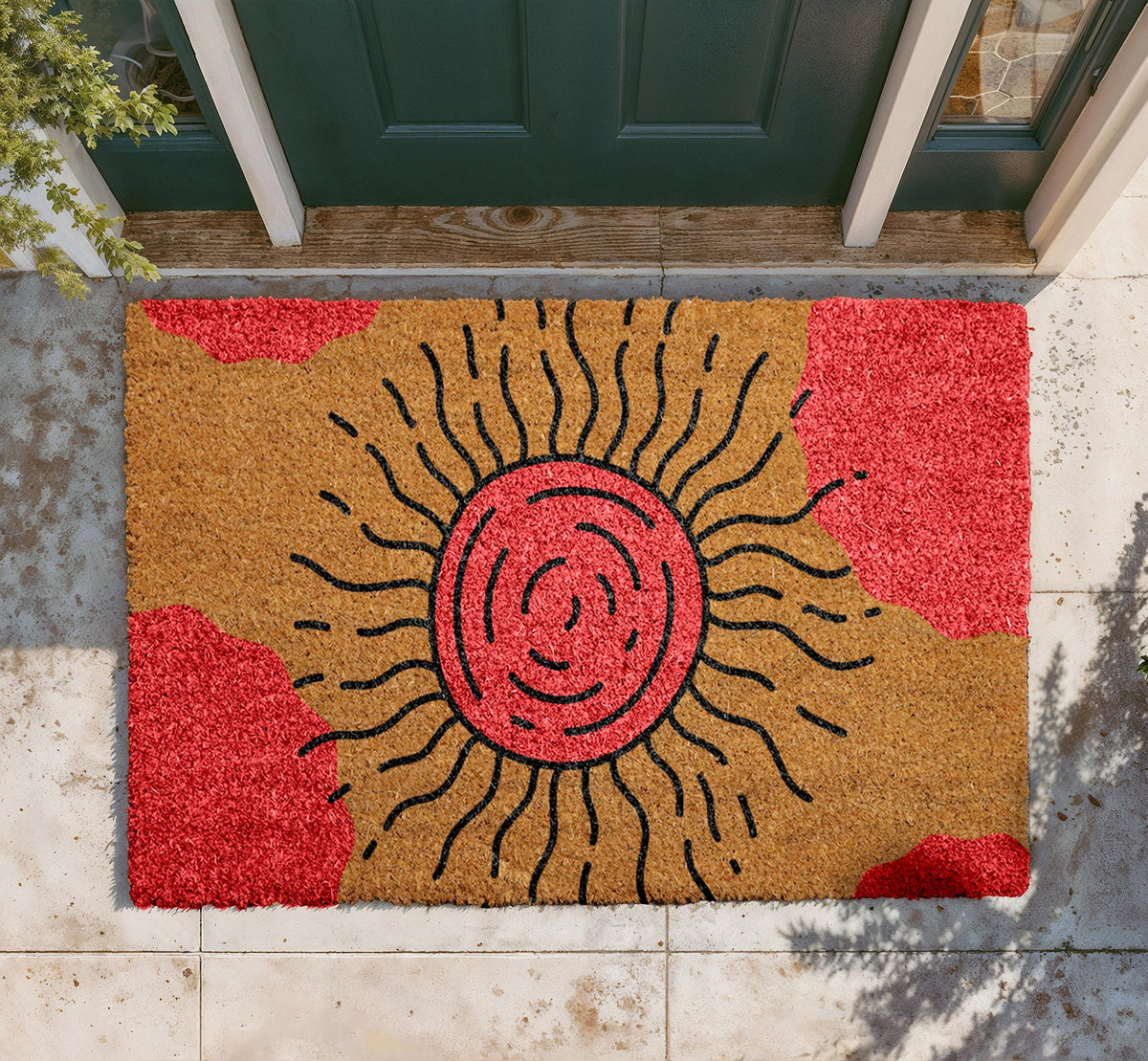 Abstract Sunburst Coir Doormat, Boho Retro Entryway Rug, Outdoor Porch Decor