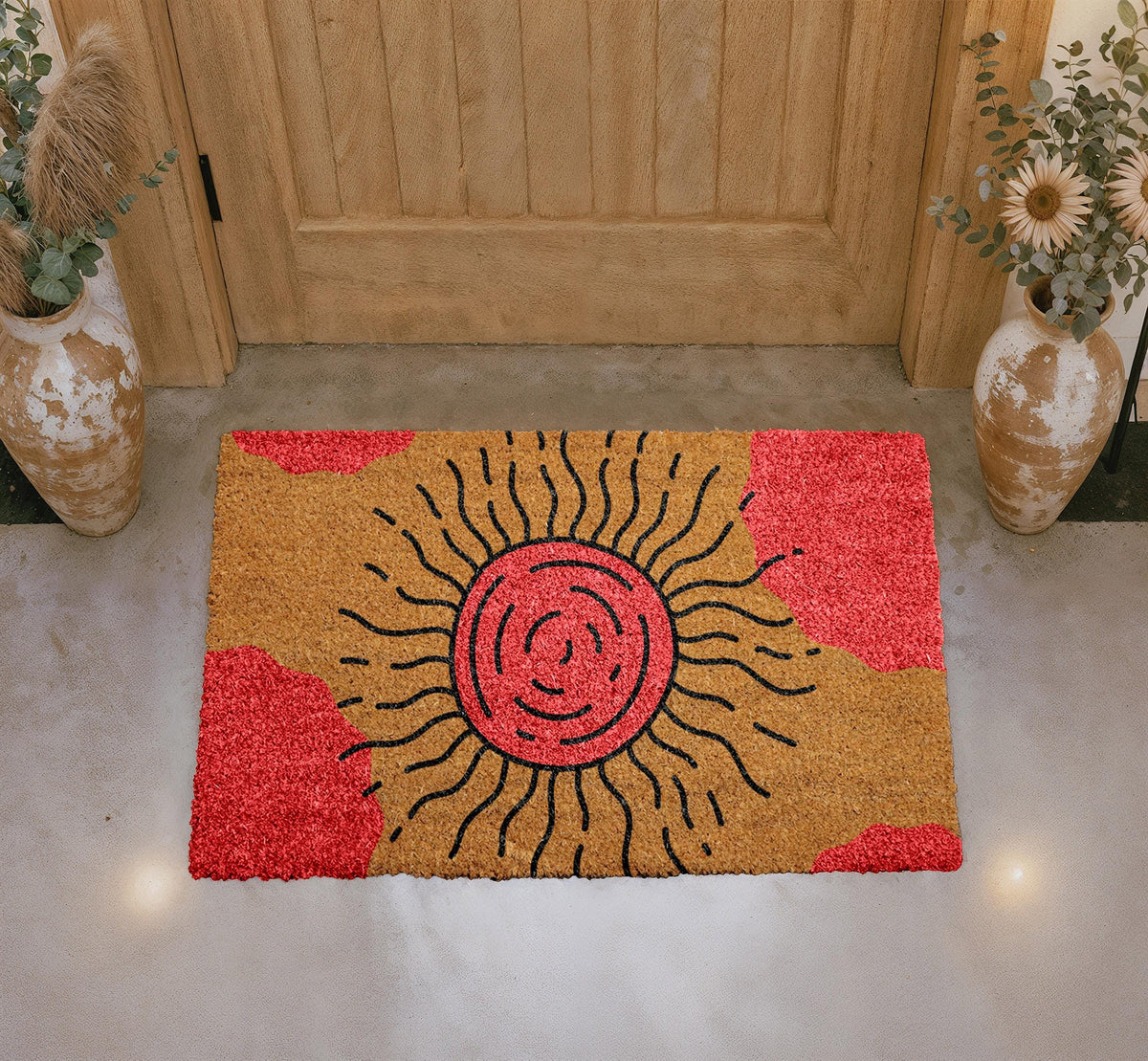 Abstract Sunburst Coir Doormat, Boho Retro Entryway Rug, Outdoor Porch Decor