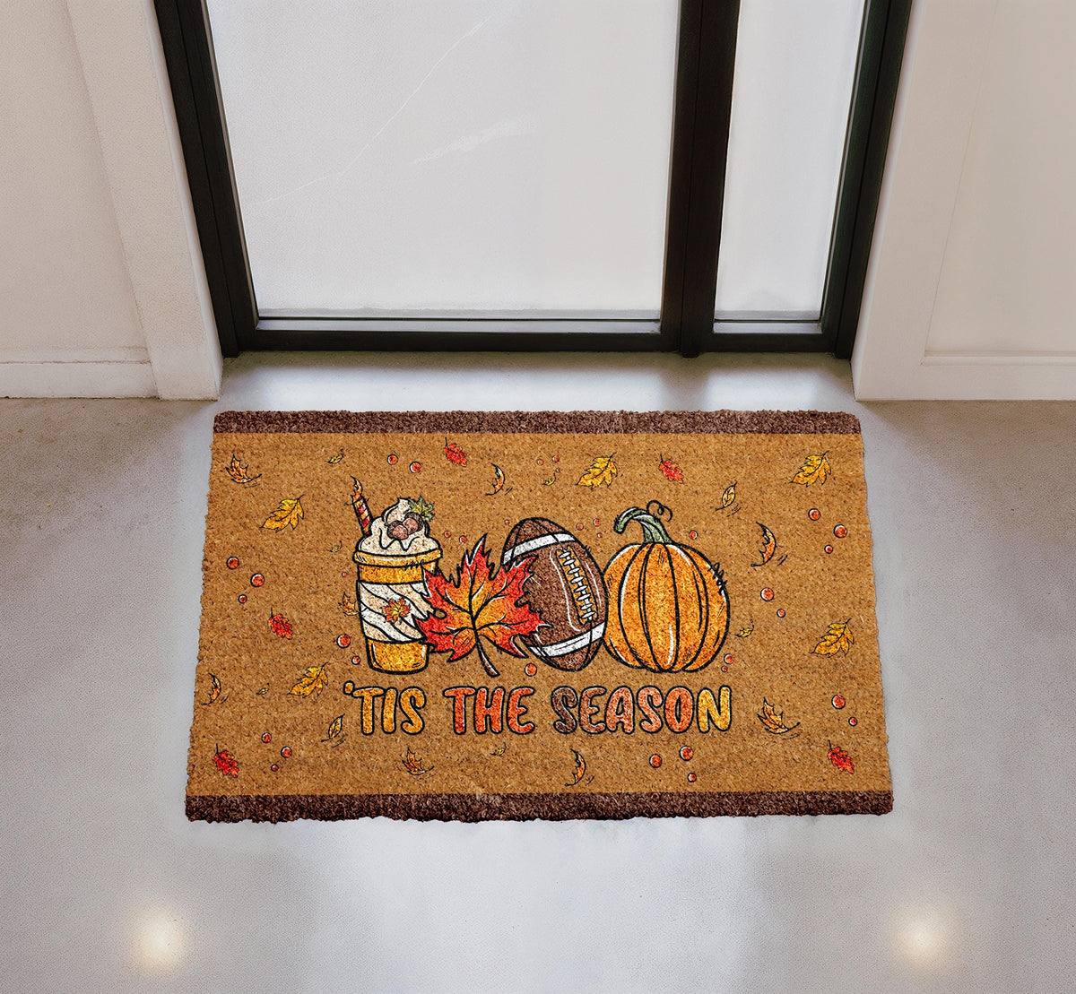 Fall Welcome Mat, Autumn Coffee Football Pumpkin Doormat, Cozy Outdoor Rug