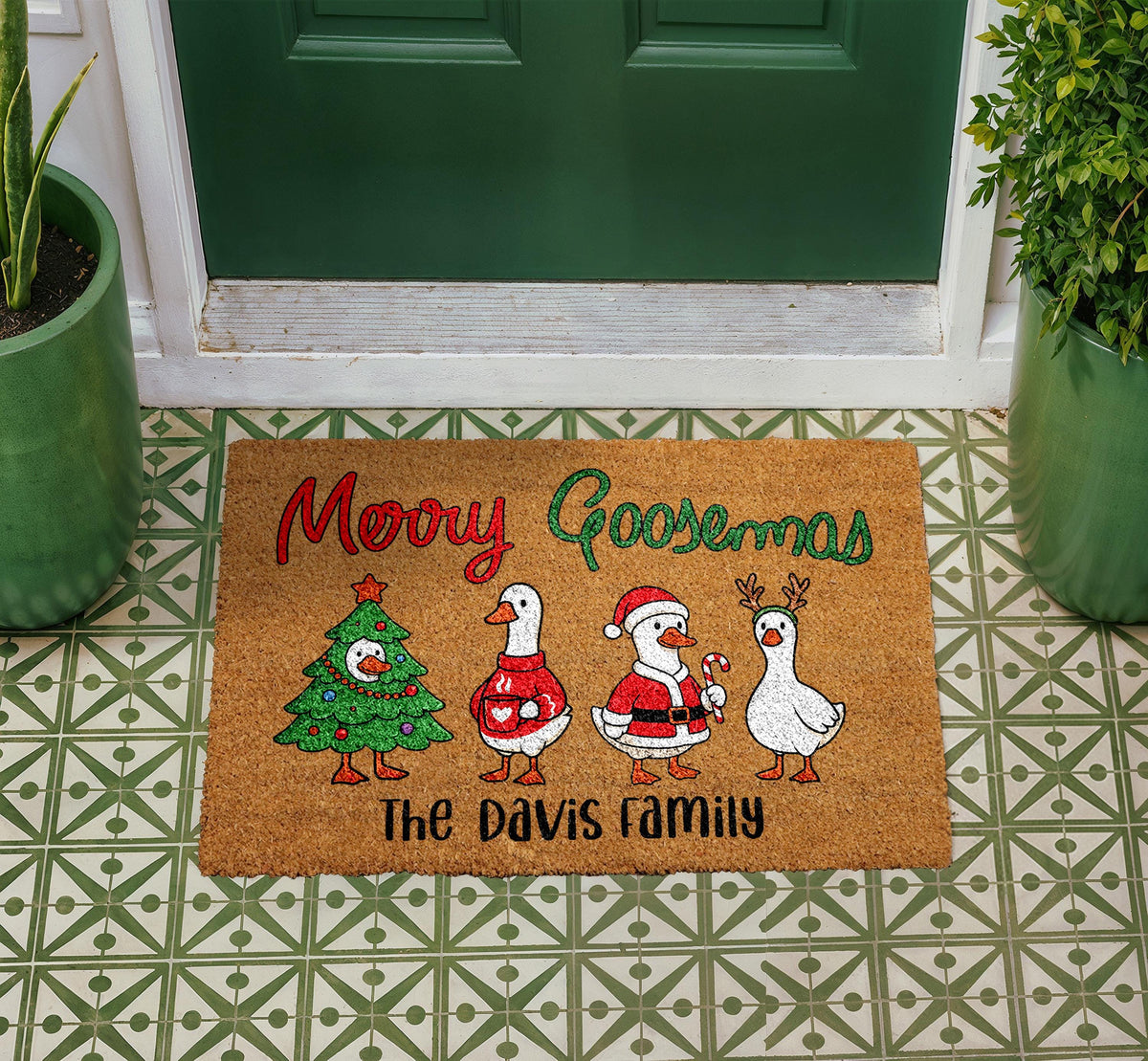 Personalized Merry Goosemas Coir Doormat, Custom Family Christmas Welcome Mat