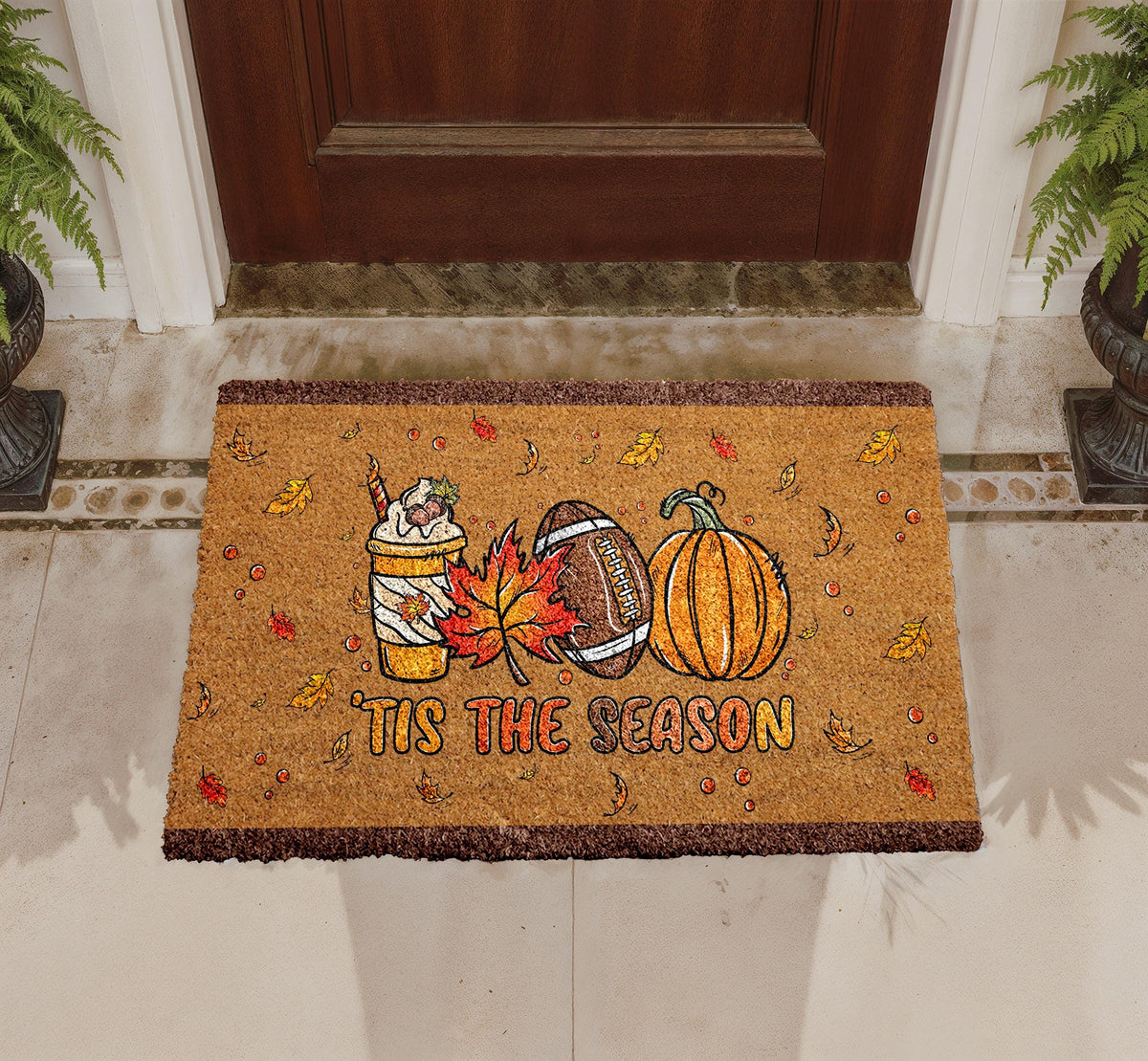 Fall Welcome Mat, Autumn Coffee Football Pumpkin Doormat, Cozy Outdoor Rug