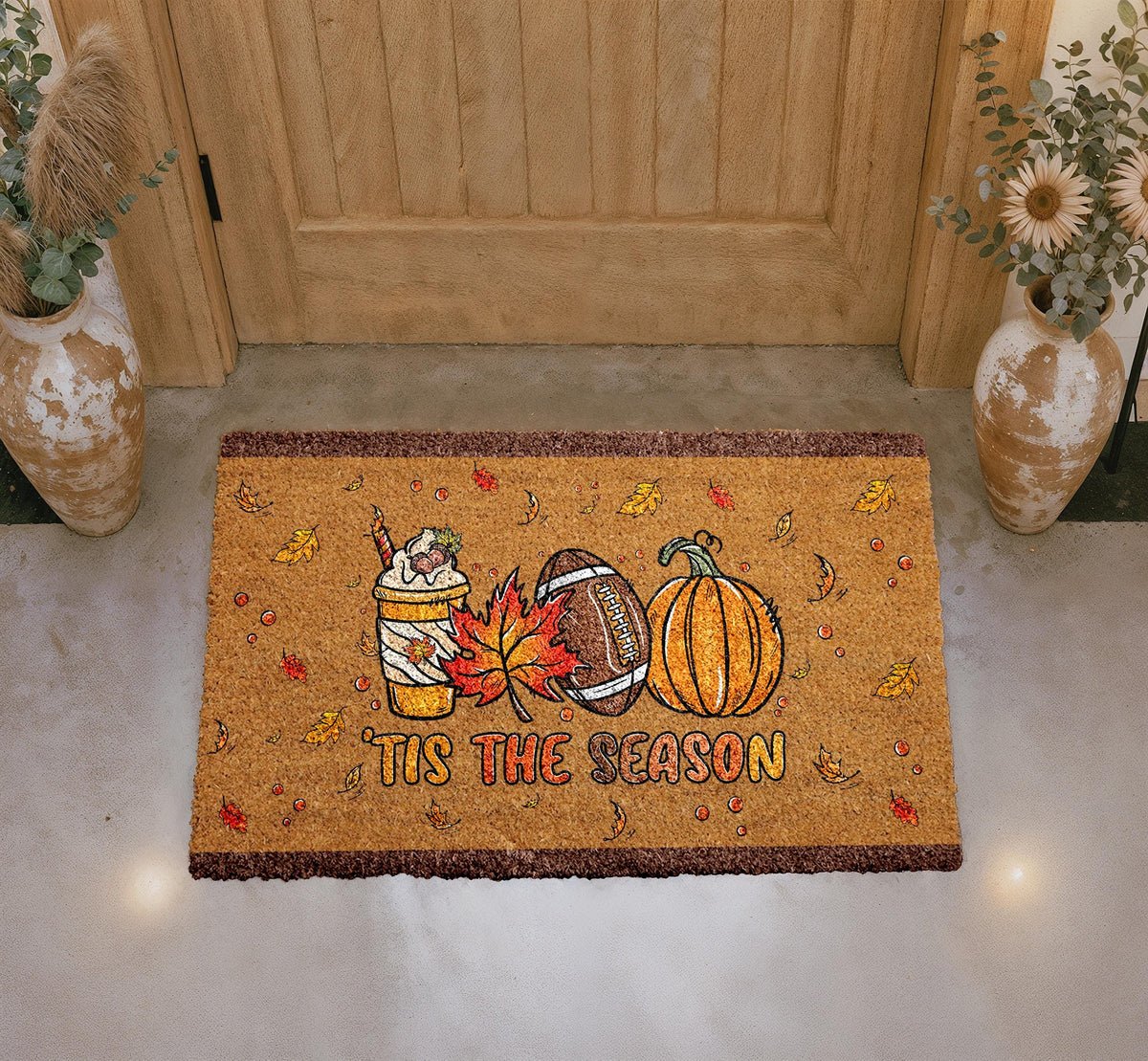 Fall Welcome Mat, Autumn Coffee Football Pumpkin Doormat, Cozy Outdoor Rug