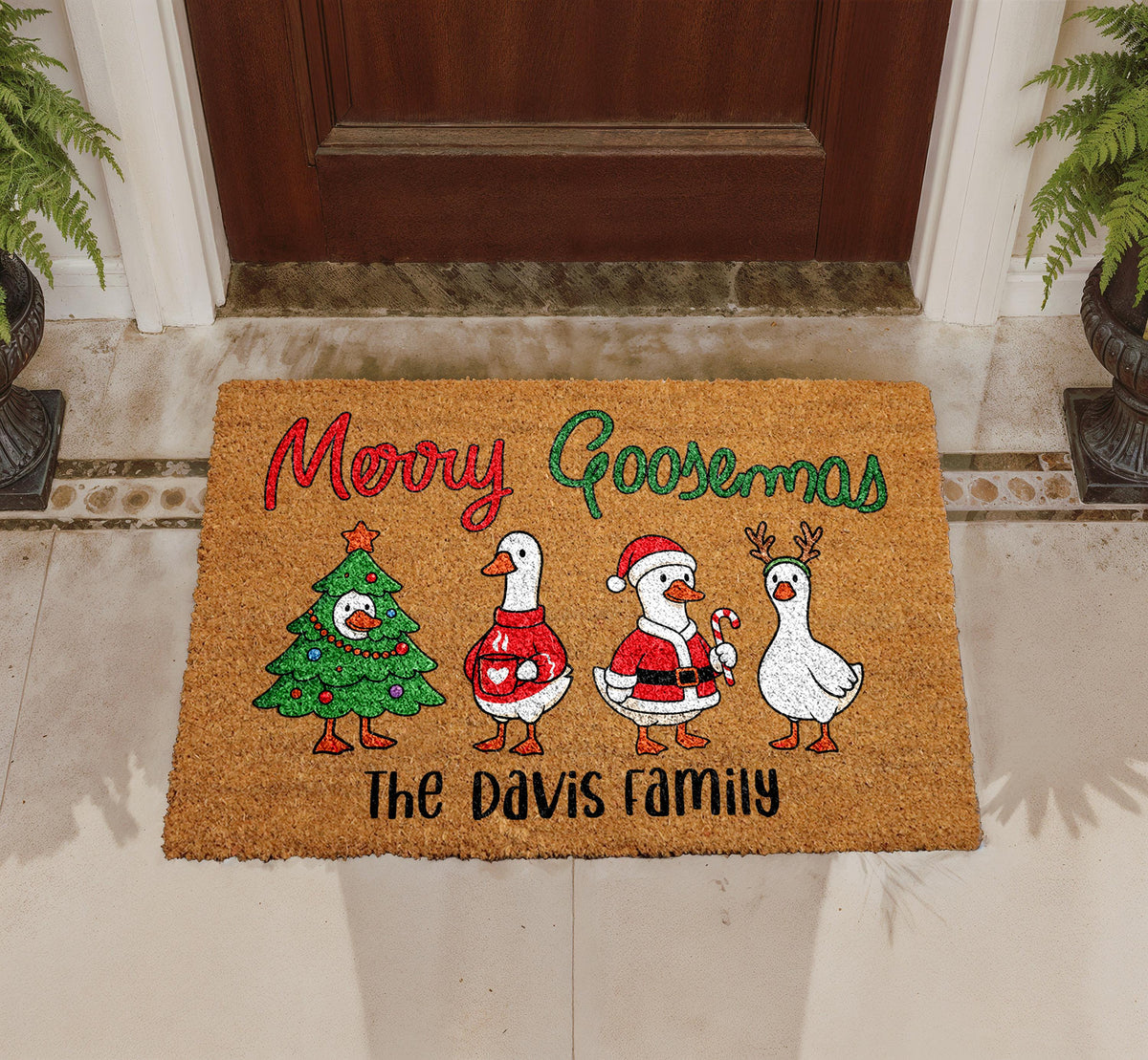 Personalized Merry Goosemas Coir Doormat, Custom Family Christmas Welcome Mat