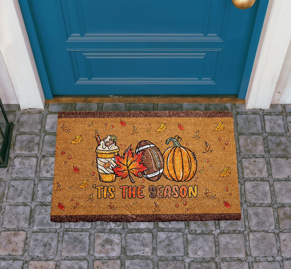 Fall Welcome Mat, Autumn Coffee Football Pumpkin Doormat, Cozy Outdoor Rug