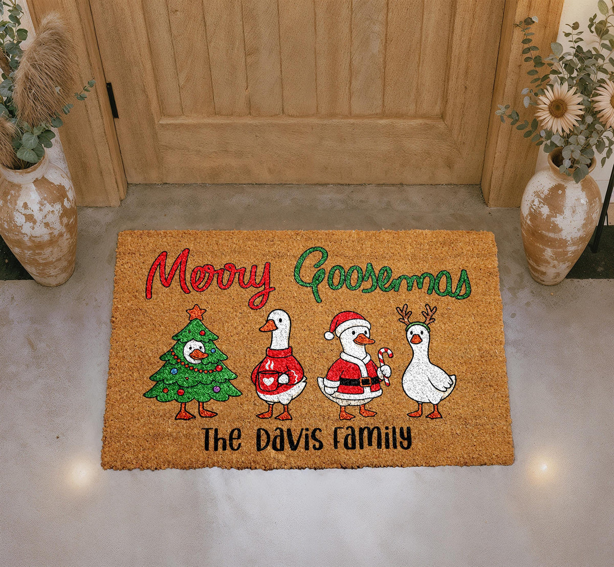 Personalized Merry Goosemas Coir Doormat, Custom Family Christmas Welcome Mat