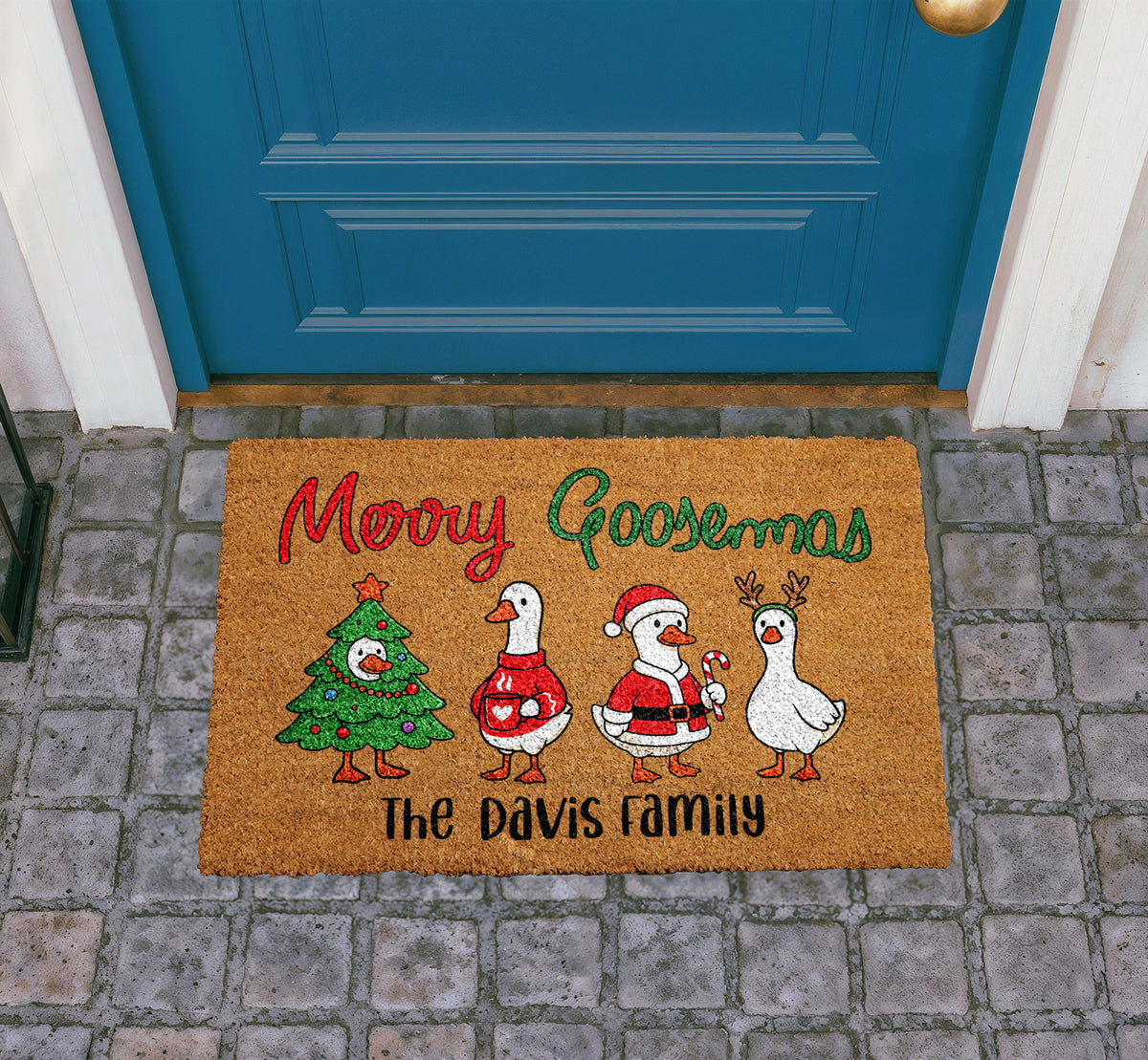 Personalized Merry Goosemas Coir Doormat, Custom Family Christmas Welcome Mat