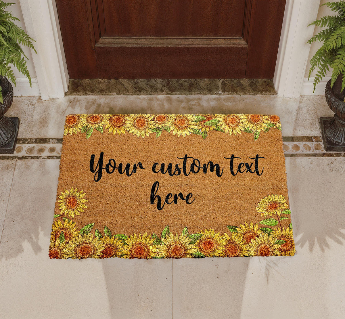 Personalized Sunflower Coir Doormat, Custom Welcome Mat, Rustic Farmhouse Entryway Rug