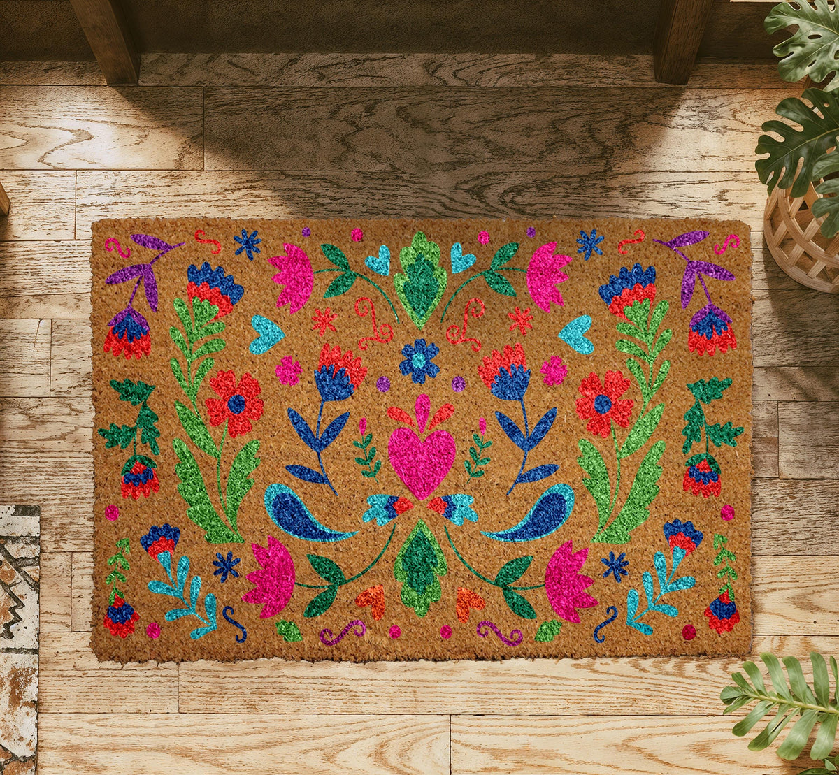 Boho Colorful Floral Folk Art Doormat, Vibrant Botanical Coir Welcome Door Mat