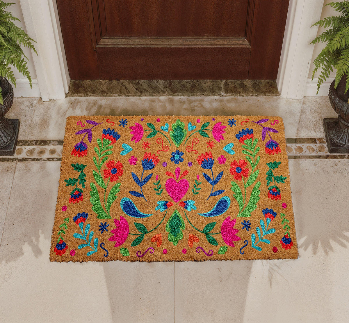 Boho Colorful Floral Folk Art Doormat, Vibrant Botanical Coir Welcome Door Mat