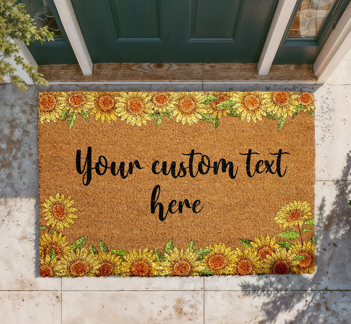 Personalized Sunflower Coir Doormat, Custom Welcome Mat, Rustic Farmhouse Entryway Rug