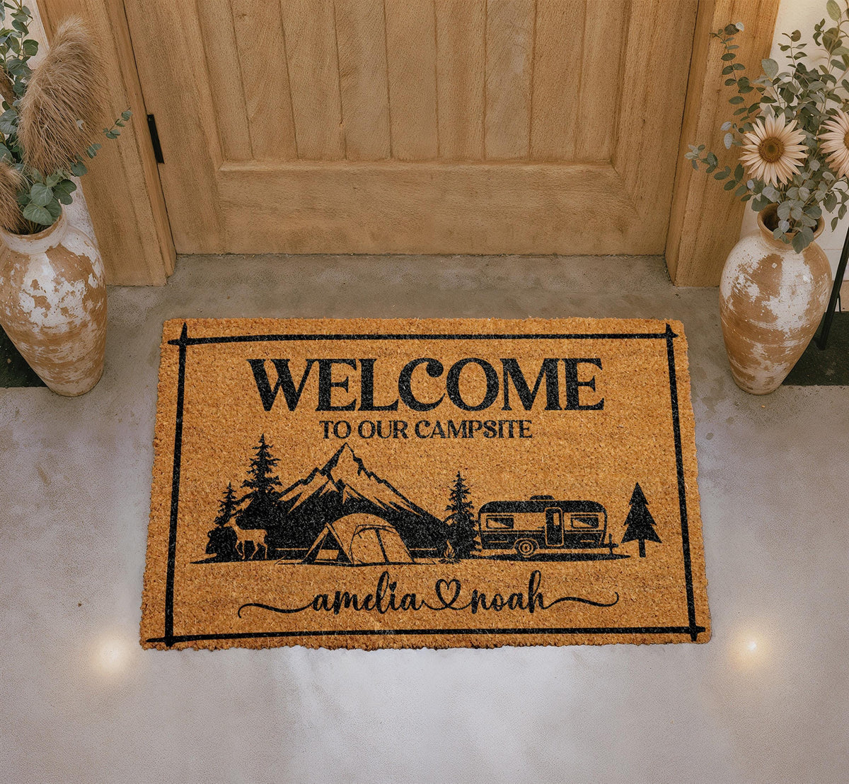 Personalized Campsite Welcome Mat, Custom Couples Names Doormat, RV Camper Outdoor Rug