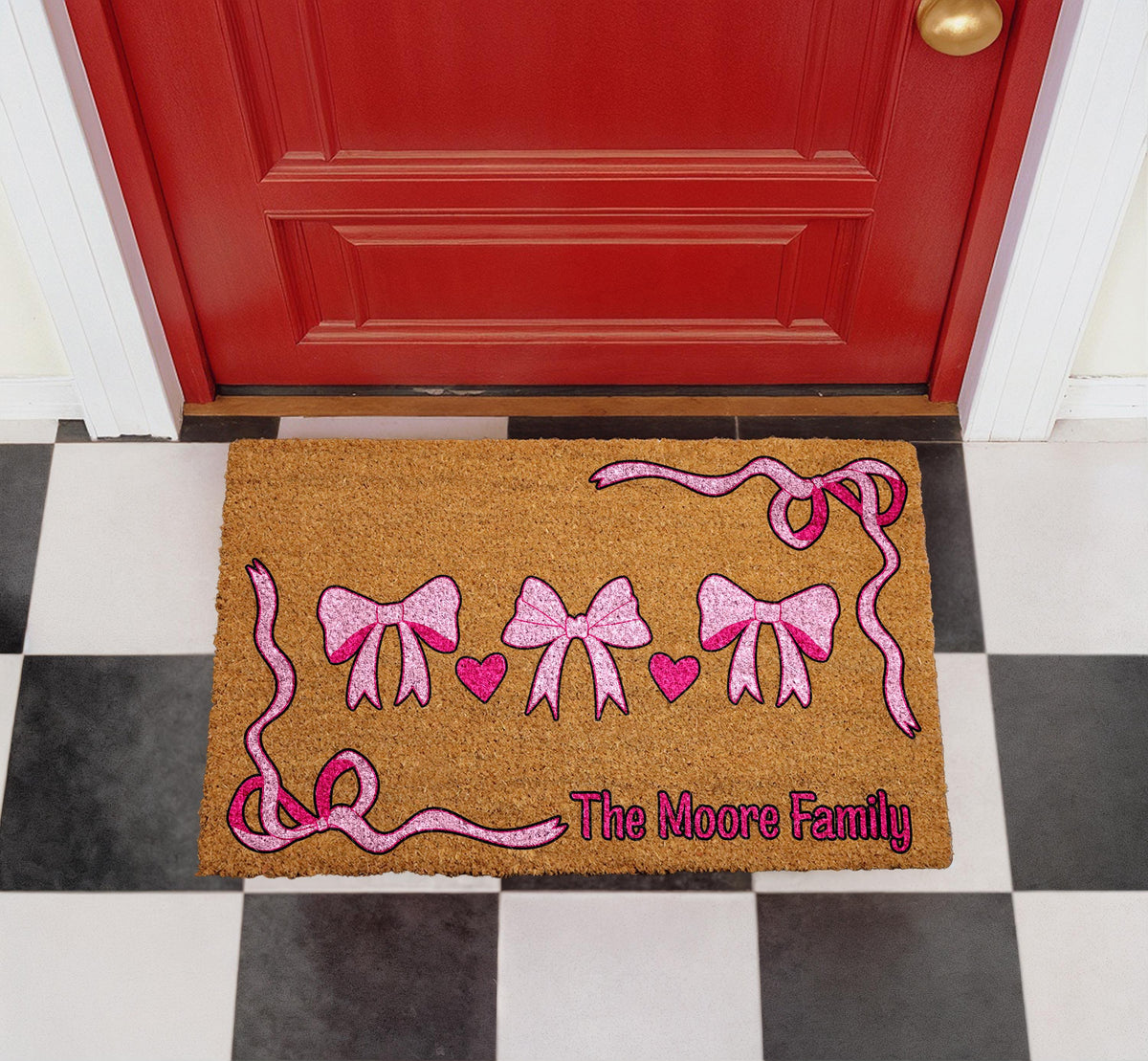 Personalized Pink Bow Family Coir Doormat