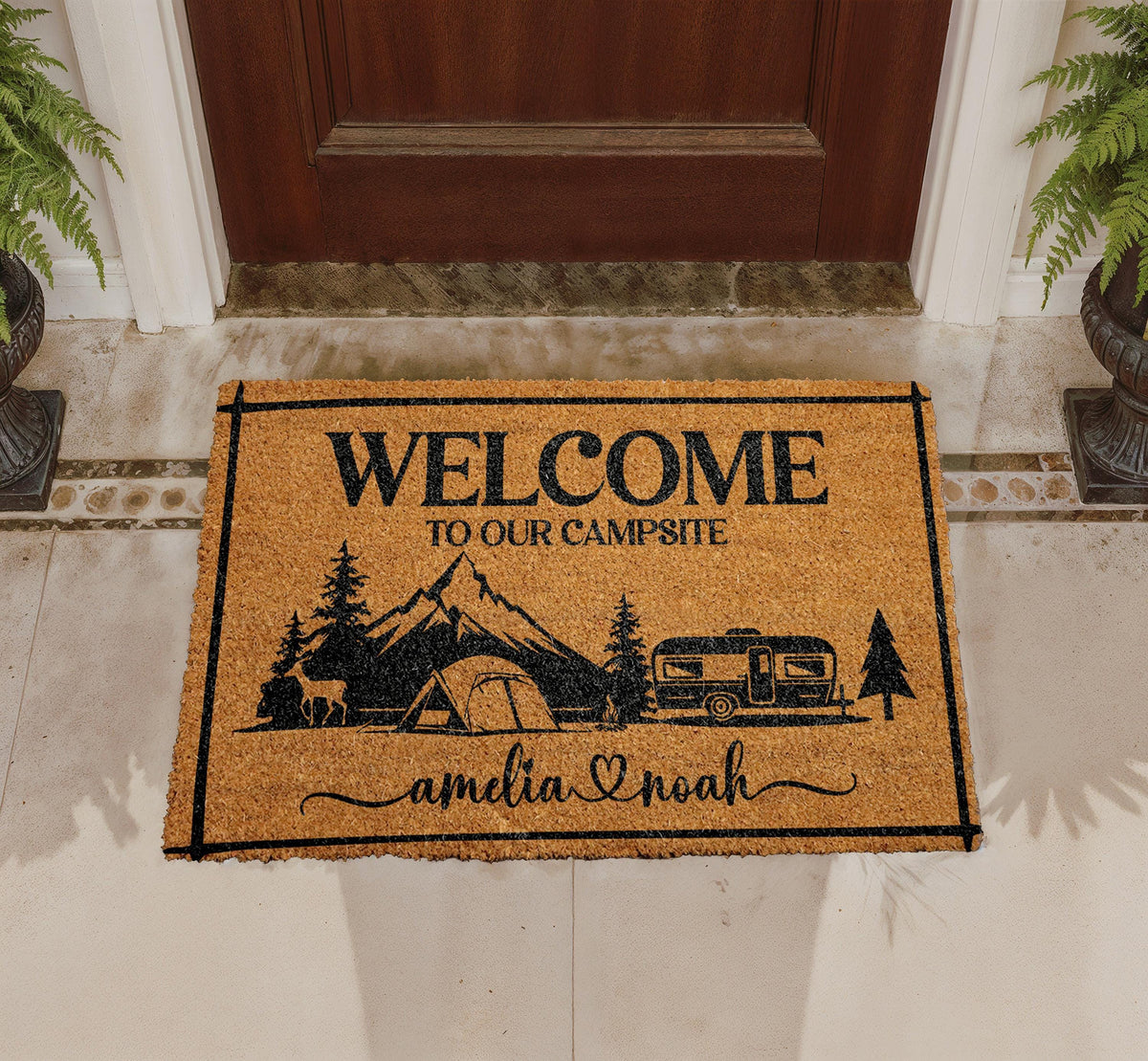 Personalized Campsite Welcome Mat, Custom Couples Names Doormat, RV Camper Outdoor Rug