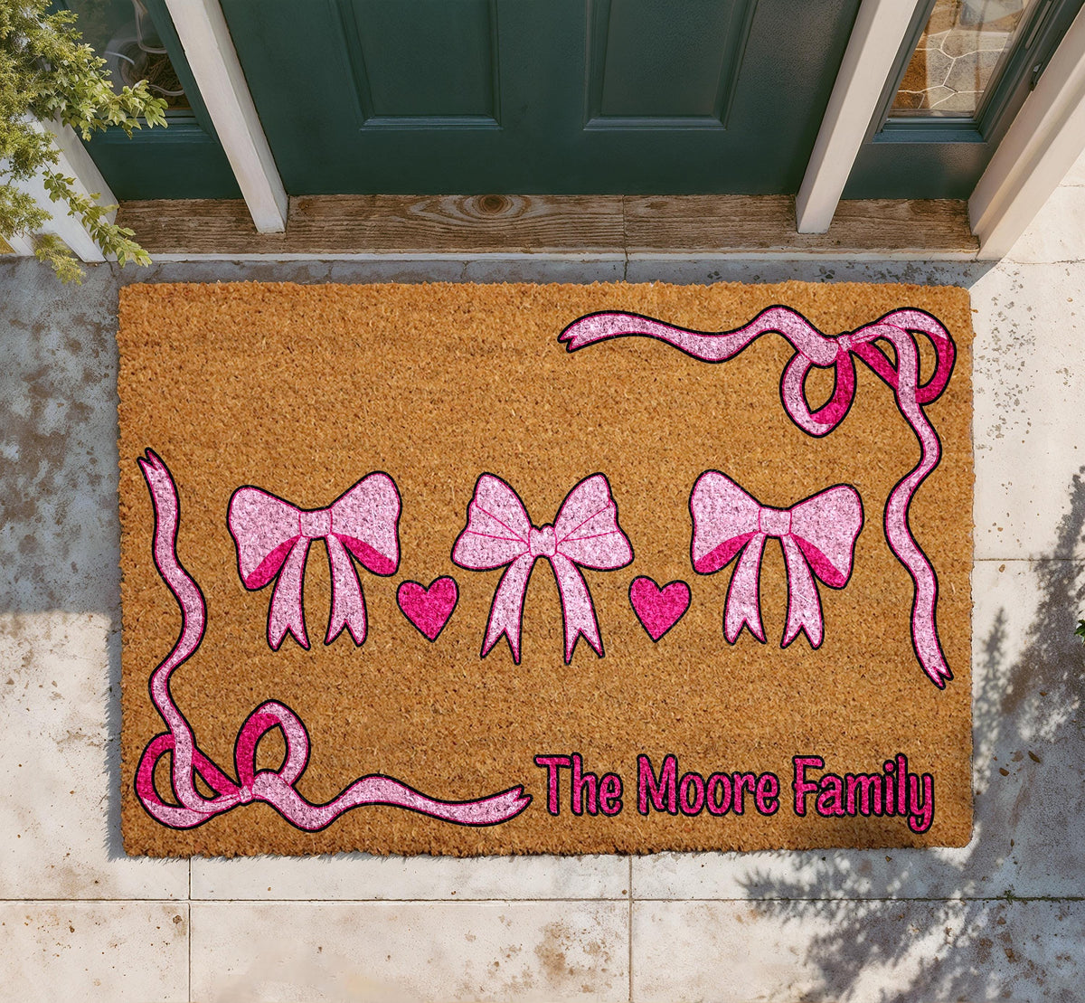 Personalized Pink Bow Family Coir Doormat