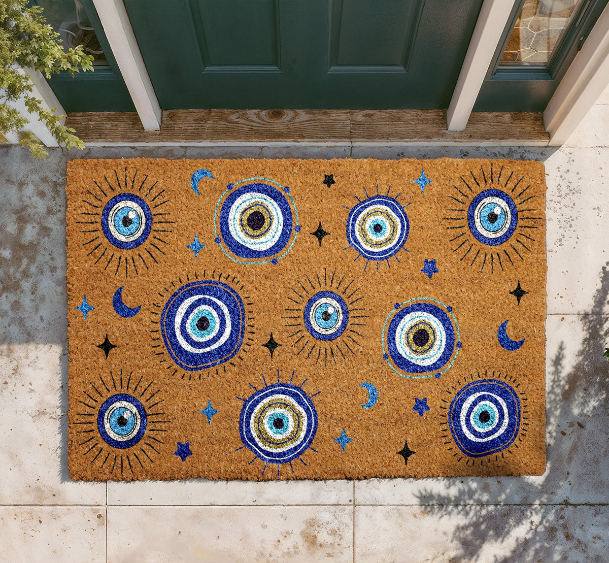 Celestial Evil Eye Doormat, Mystical Moon Stars Coir Rug, Spiritual Entryway Decor