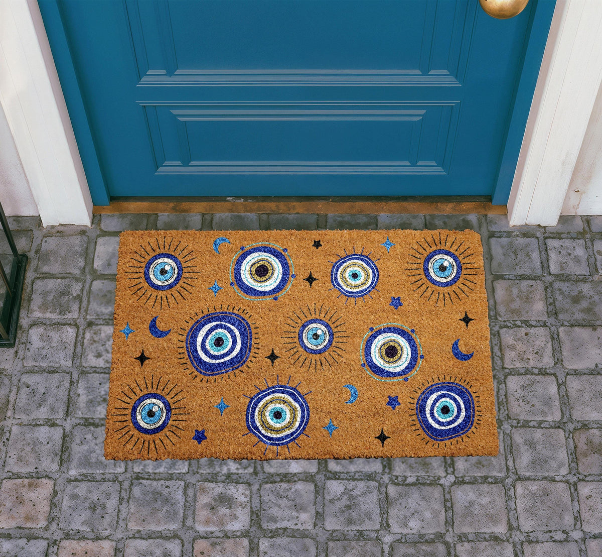 Celestial Evil Eye Doormat, Mystical Moon Stars Coir Rug, Spiritual Entryway Decor