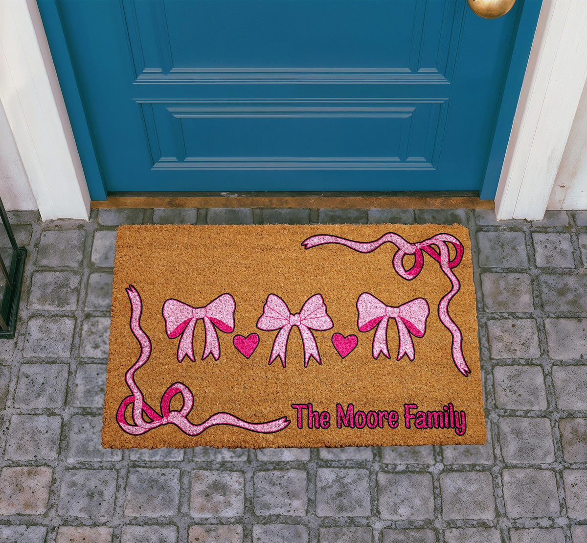Personalized Pink Bow Family Coir Doormat