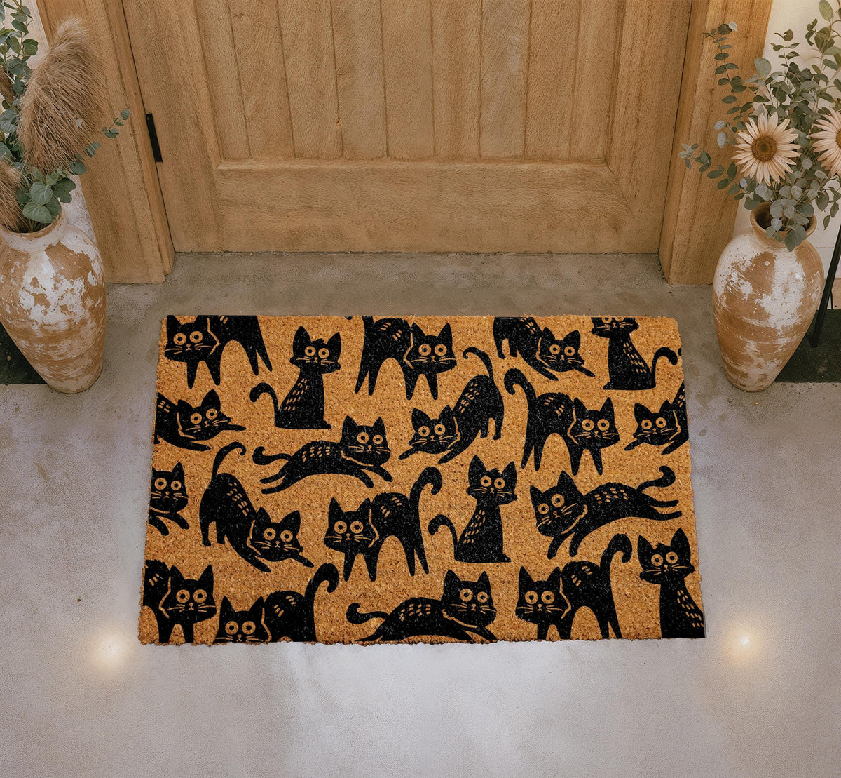 Natural Coir Cat Door Mat, Whimsical Black Welcome Rug, Outdoor Entryway