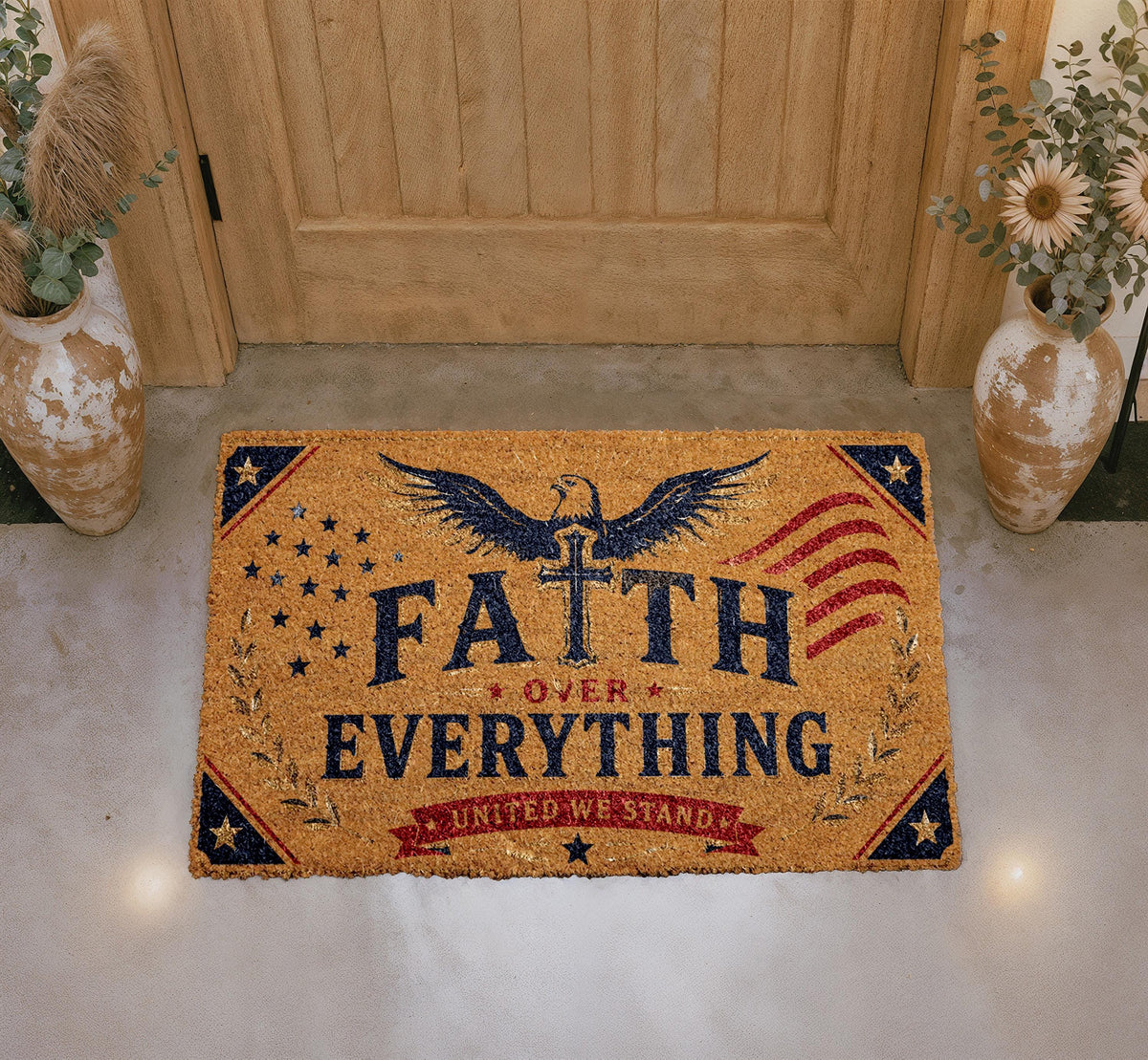 Faith Over Everything Doormat, Patriotic Cross Flag Welcome Mat (Coir)