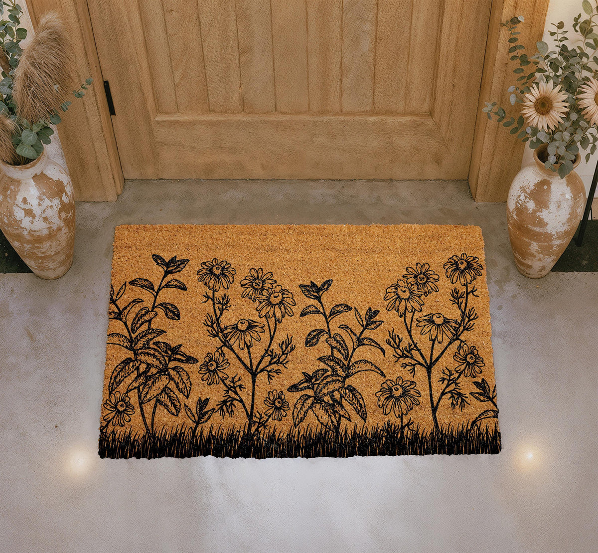 Personalized Floral Coir Doormat, Daisy Garden Welcome Mat (Custom Text)