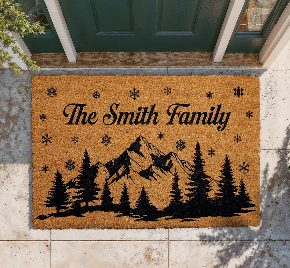 Custom Family Name Doormat, Mountain Pine Tree Welcome Mat, Rustic Cabin Entryway Decor