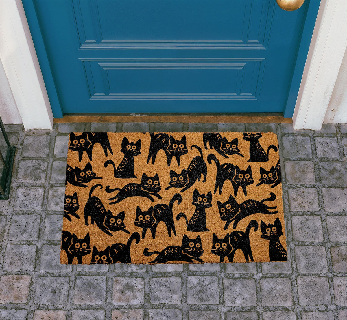 Natural Coir Cat Door Mat, Whimsical Black Welcome Rug, Outdoor Entryway