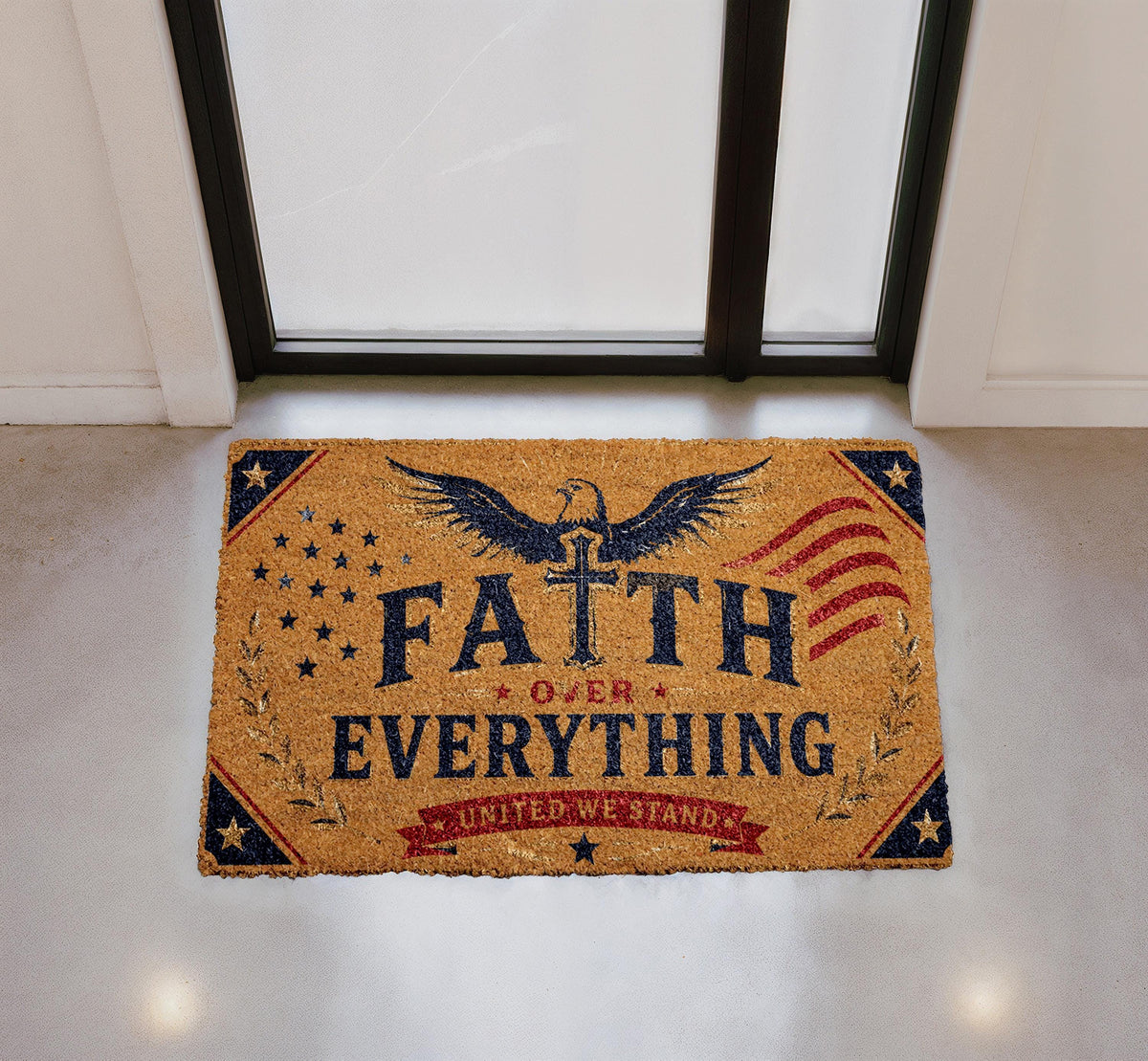 Faith Over Everything Doormat, Patriotic Cross Flag Welcome Mat (Coir)