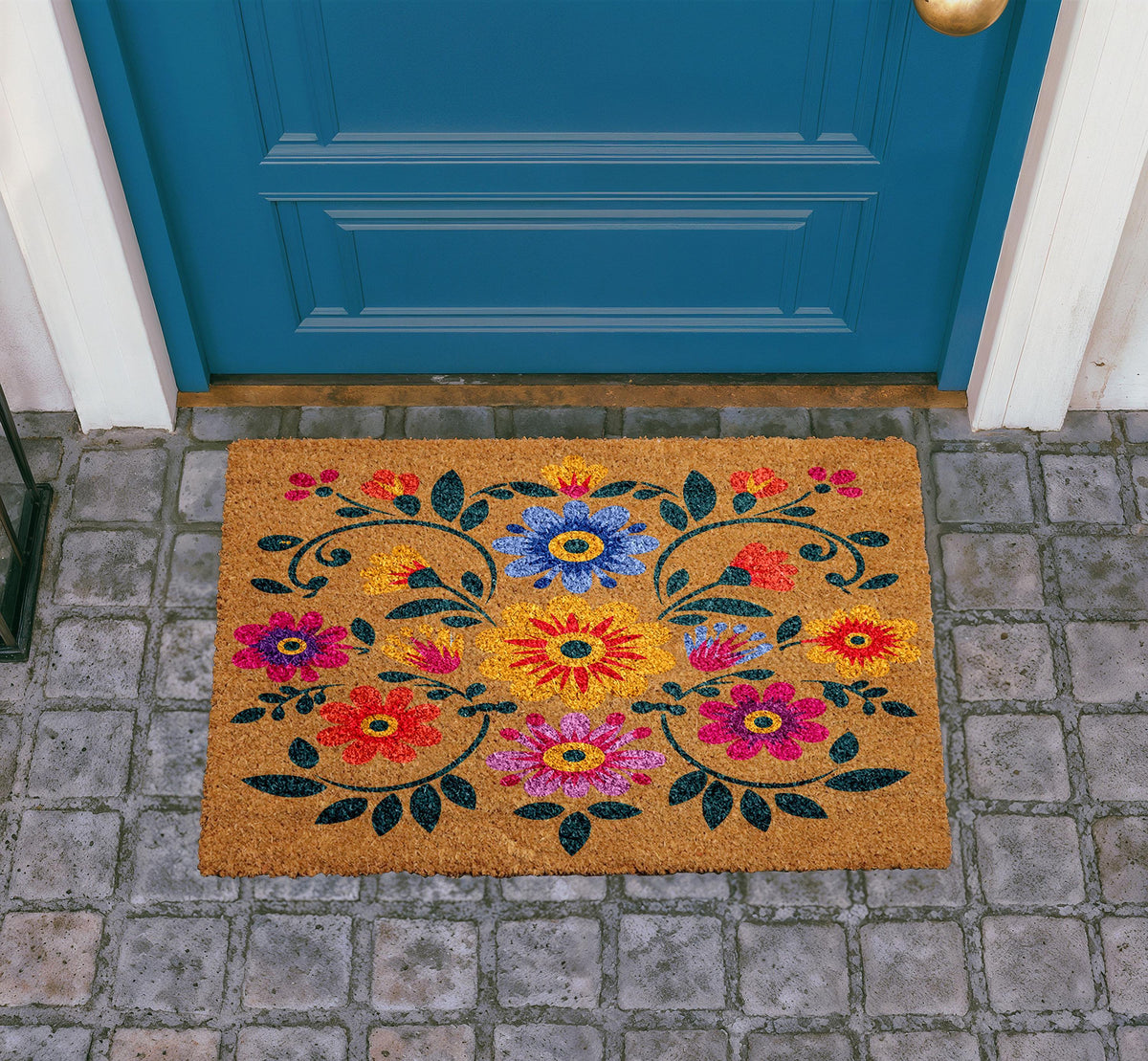 Boho Floral Doormat, Natural Coir Door Mat, Folk Art Design, Outdoor Entryway Rug