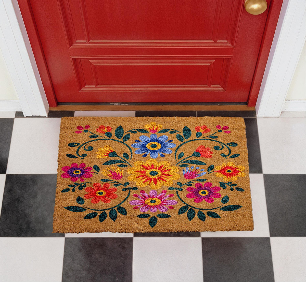 Boho Floral Doormat, Natural Coir Door Mat, Folk Art Design, Outdoor Entryway Rug