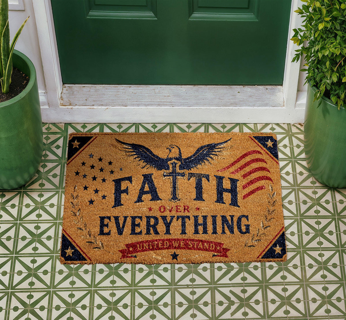 Faith Over Everything Doormat, Patriotic Cross Flag Welcome Mat (Coir)