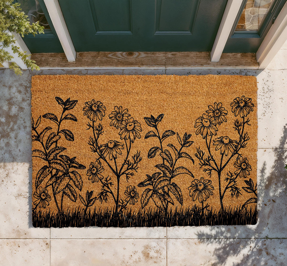 Personalized Floral Coir Doormat, Daisy Garden Welcome Mat (Custom Text)
