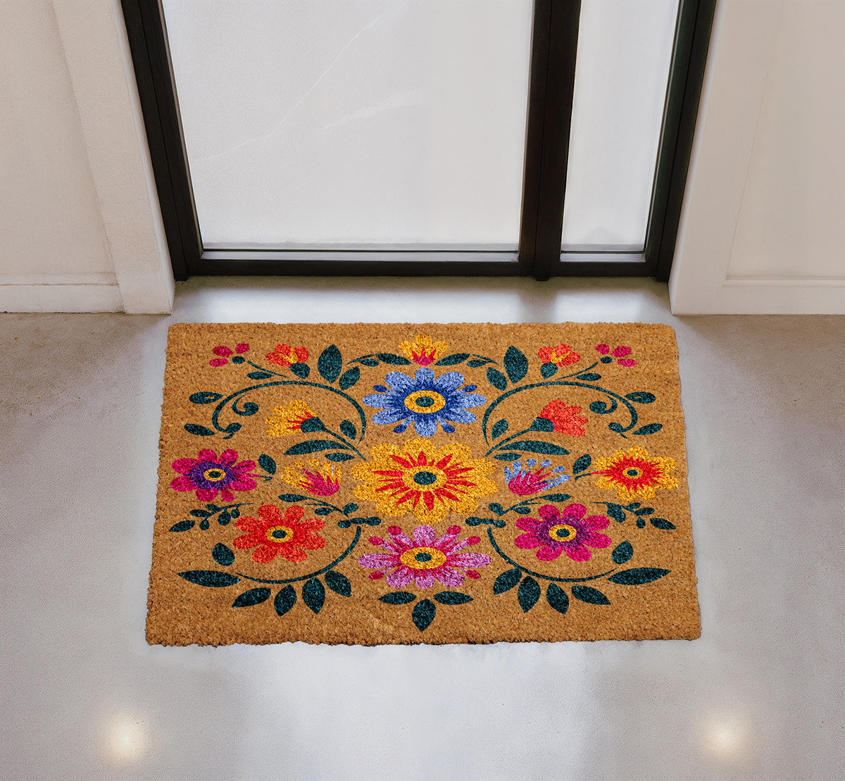 Boho Floral Doormat, Natural Coir Door Mat, Folk Art Design, Outdoor Entryway Rug