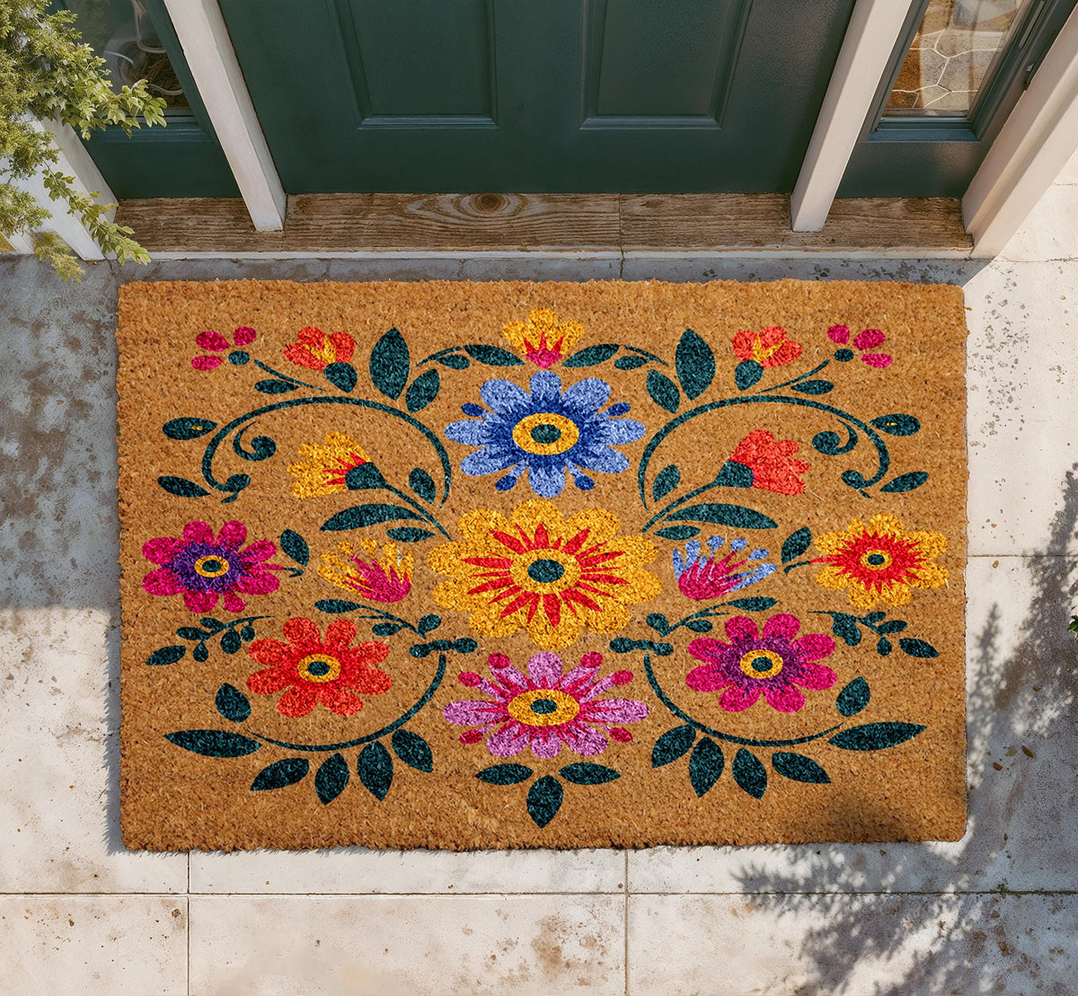 Boho Floral Doormat, Natural Coir Door Mat, Folk Art Design, Outdoor Entryway Rug