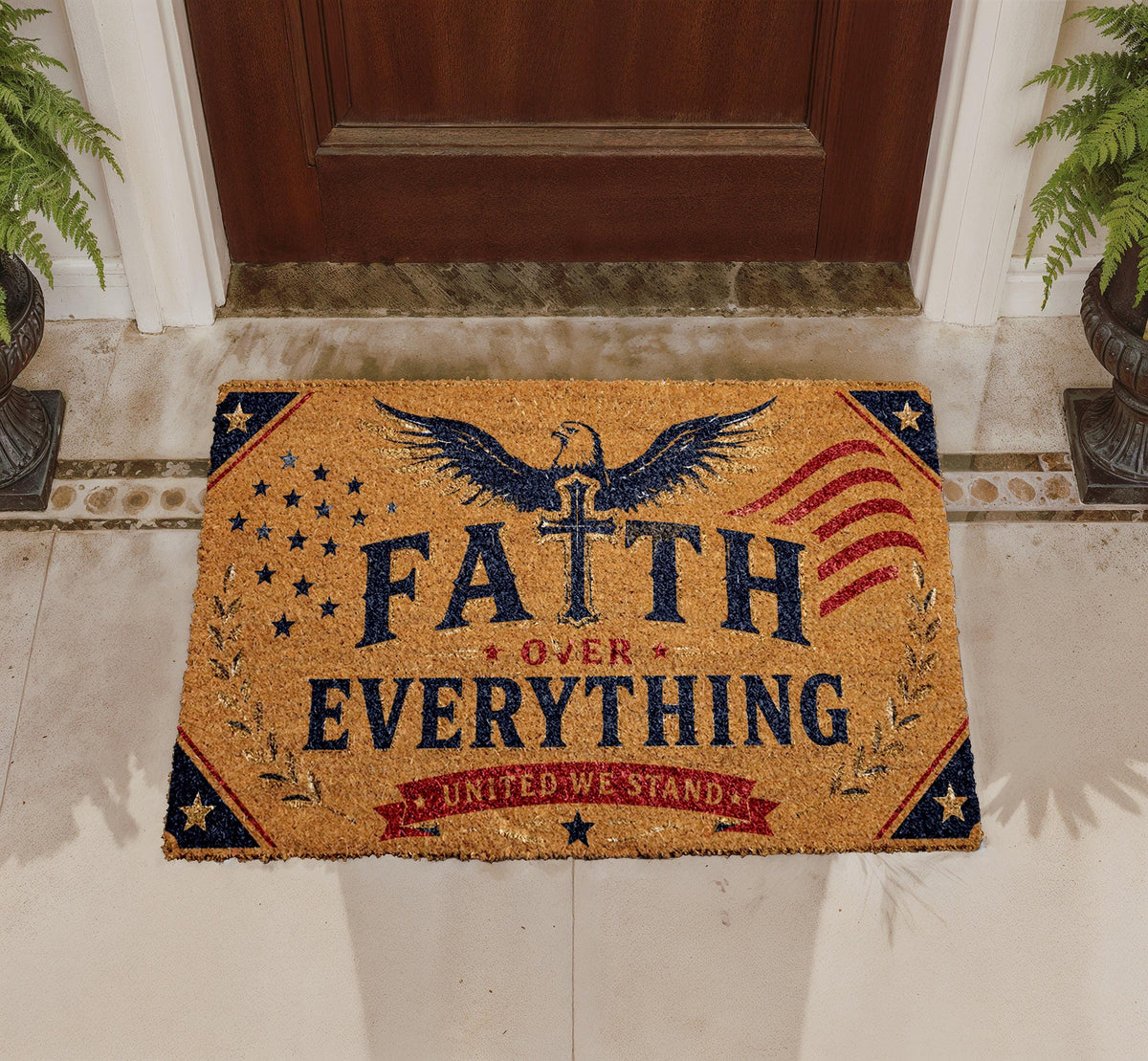 Faith Over Everything Doormat, Patriotic Cross Flag Welcome Mat (Coir)