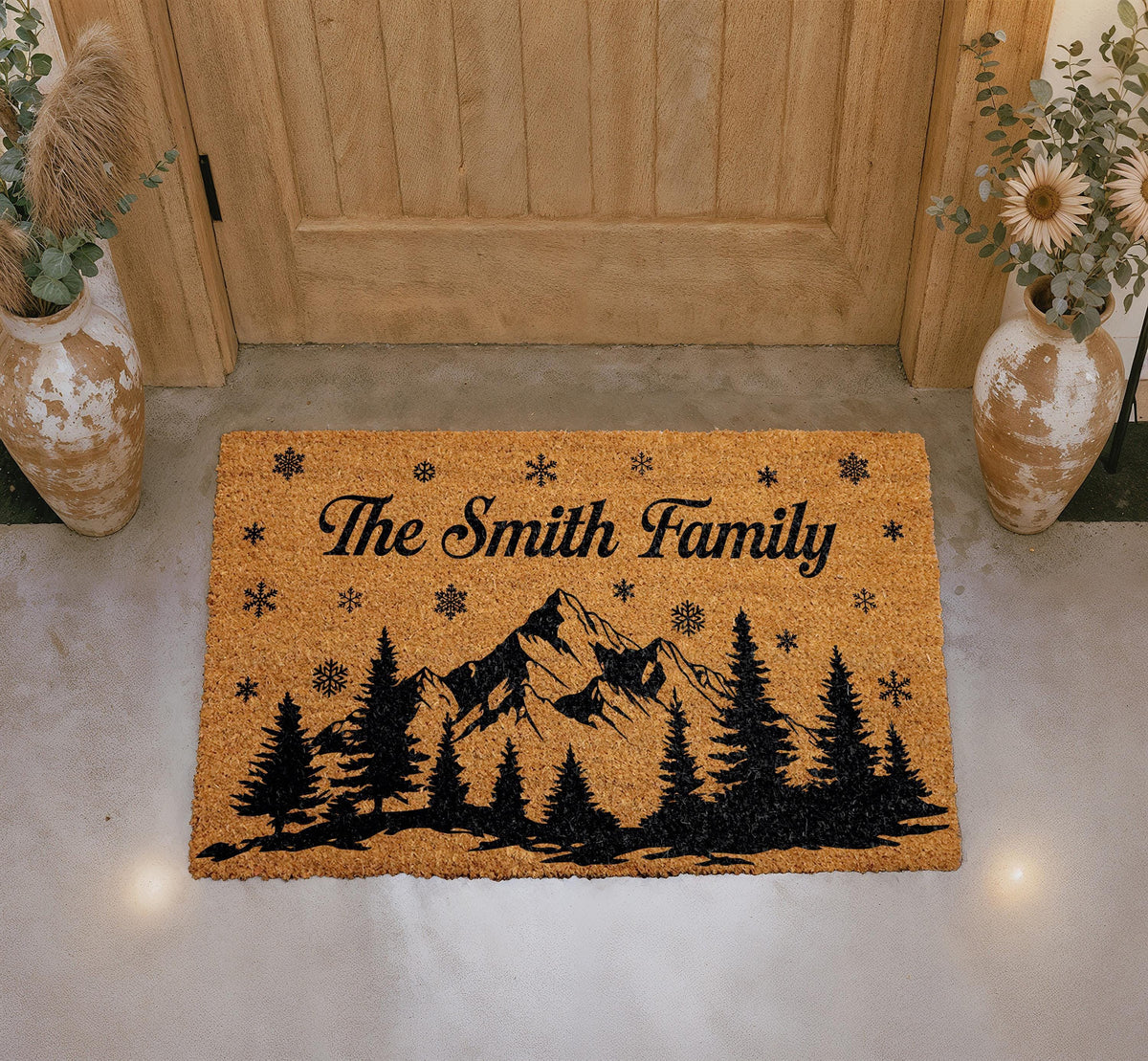 Custom Family Name Doormat, Mountain Pine Tree Welcome Mat, Rustic Cabin Entryway Decor