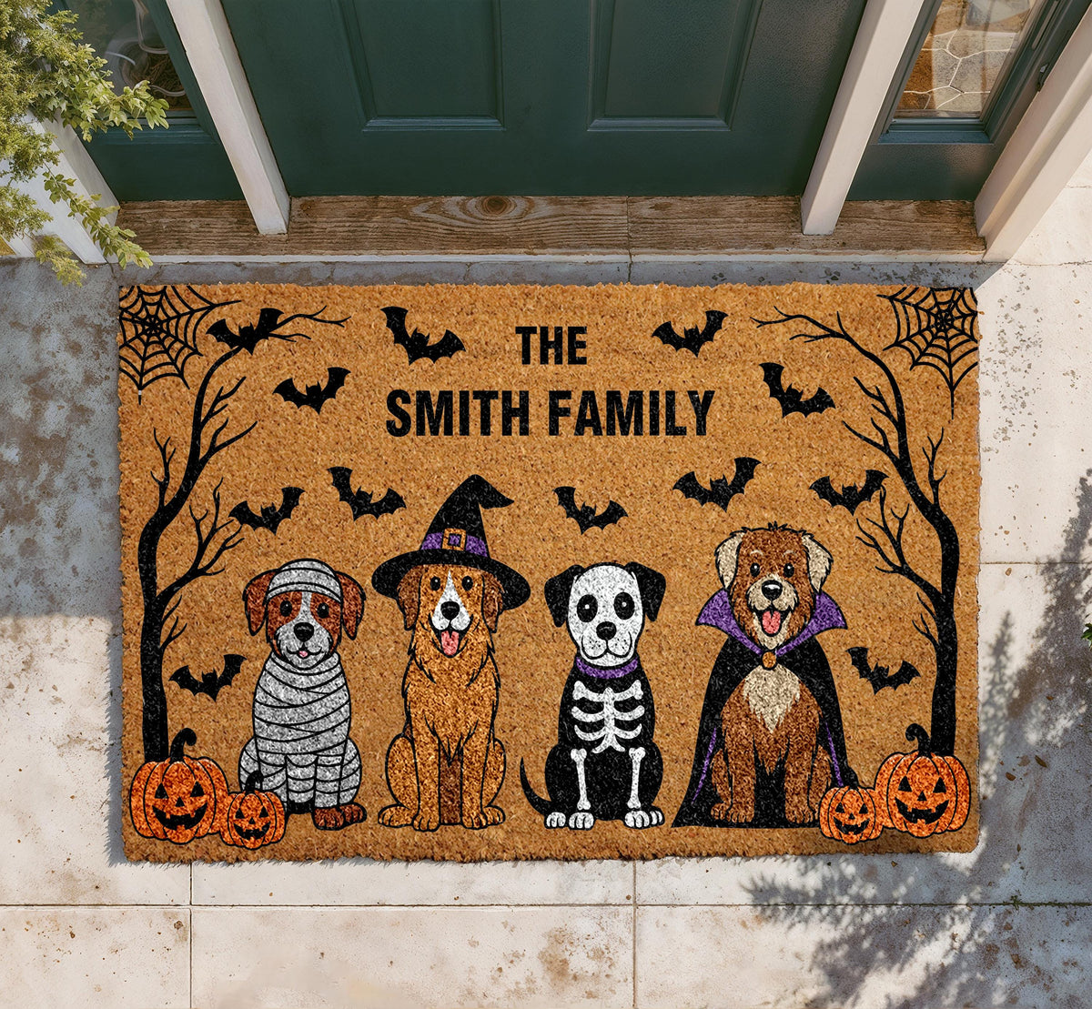 Personalized Halloween Doormat, Custom Family Name Welcome Mat, Funny Dogs Porch Rug