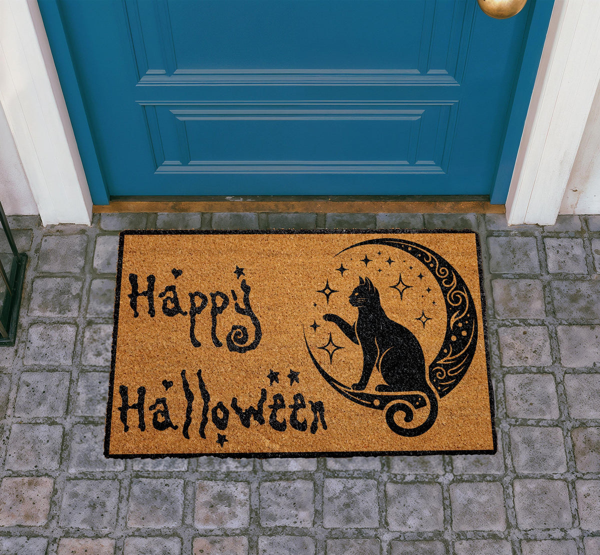 Happy Halloween Doormat, Black Cat on Crescent Moon, Coir Welcome Mat (Personalized)