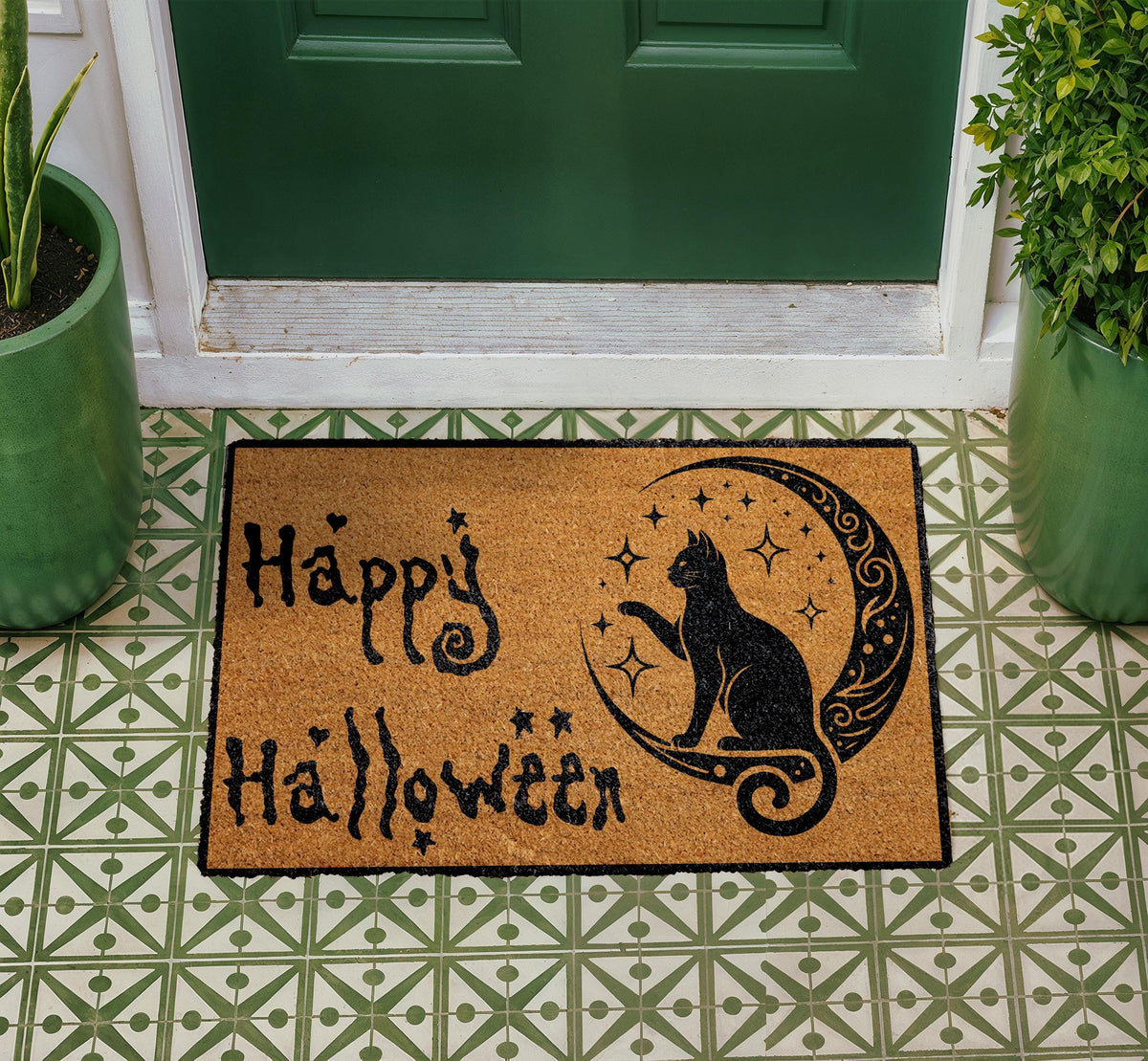 Happy Halloween Doormat, Black Cat on Crescent Moon, Coir Welcome Mat (Personalized)