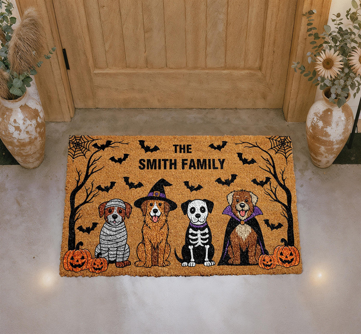 Personalized Halloween Doormat, Custom Family Name Welcome Mat, Funny Dogs Porch Rug